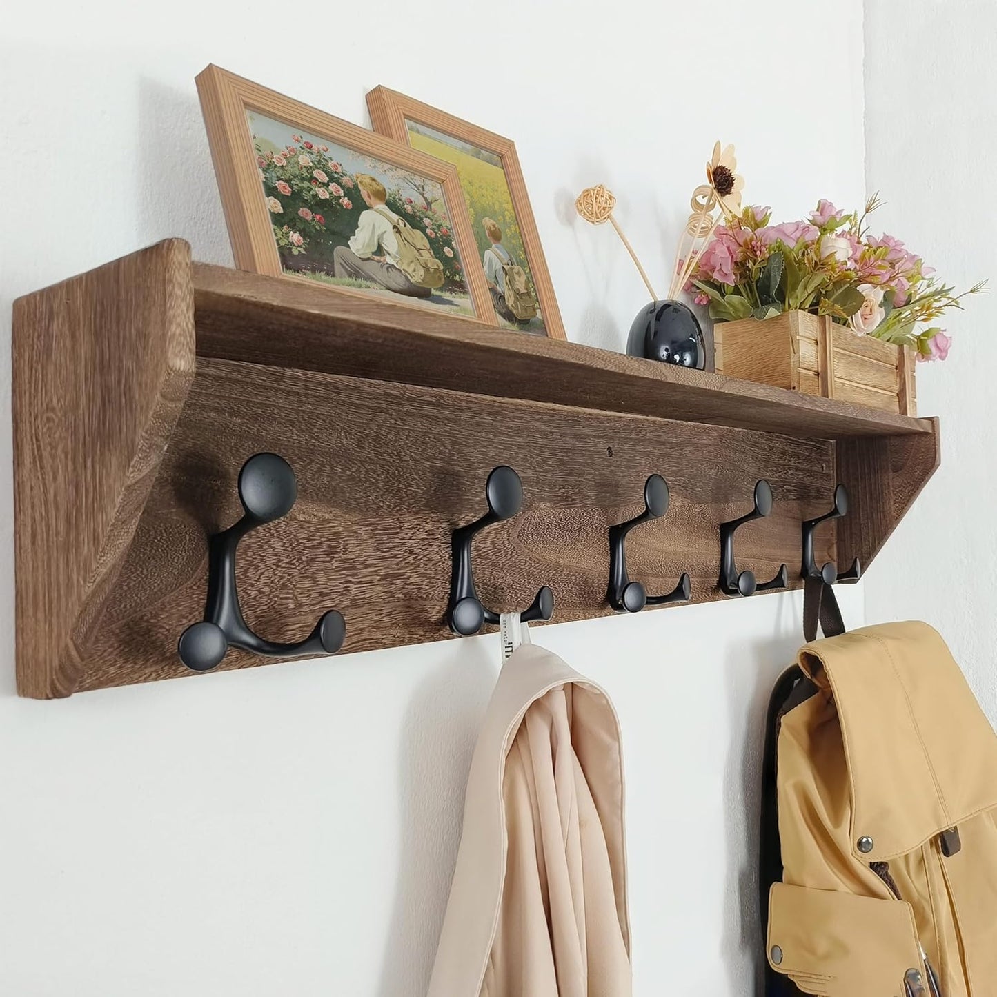 SKOLOO Wall Shelf with Hooks, 35-Inch Weathered Brown Coat Rack Wall Mount with Shelf Organizer - Lightweight & Sturdy, 5 Tri Hooks - Perfect for Entryway, Hallway, Living Room, Bedroom, Mudroom