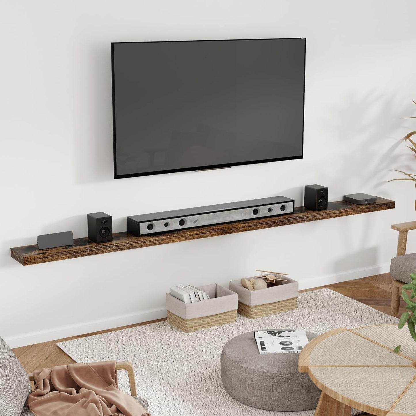 Heimlove 55 Inch Floating Shelves for Wall 8 Inch Deep Rustic Brown Shelves Set of 2,Wall Mounted Rustic Wood Long Floating Shelf，Large Extra Display & Storage Shelf with Invisible Brackets