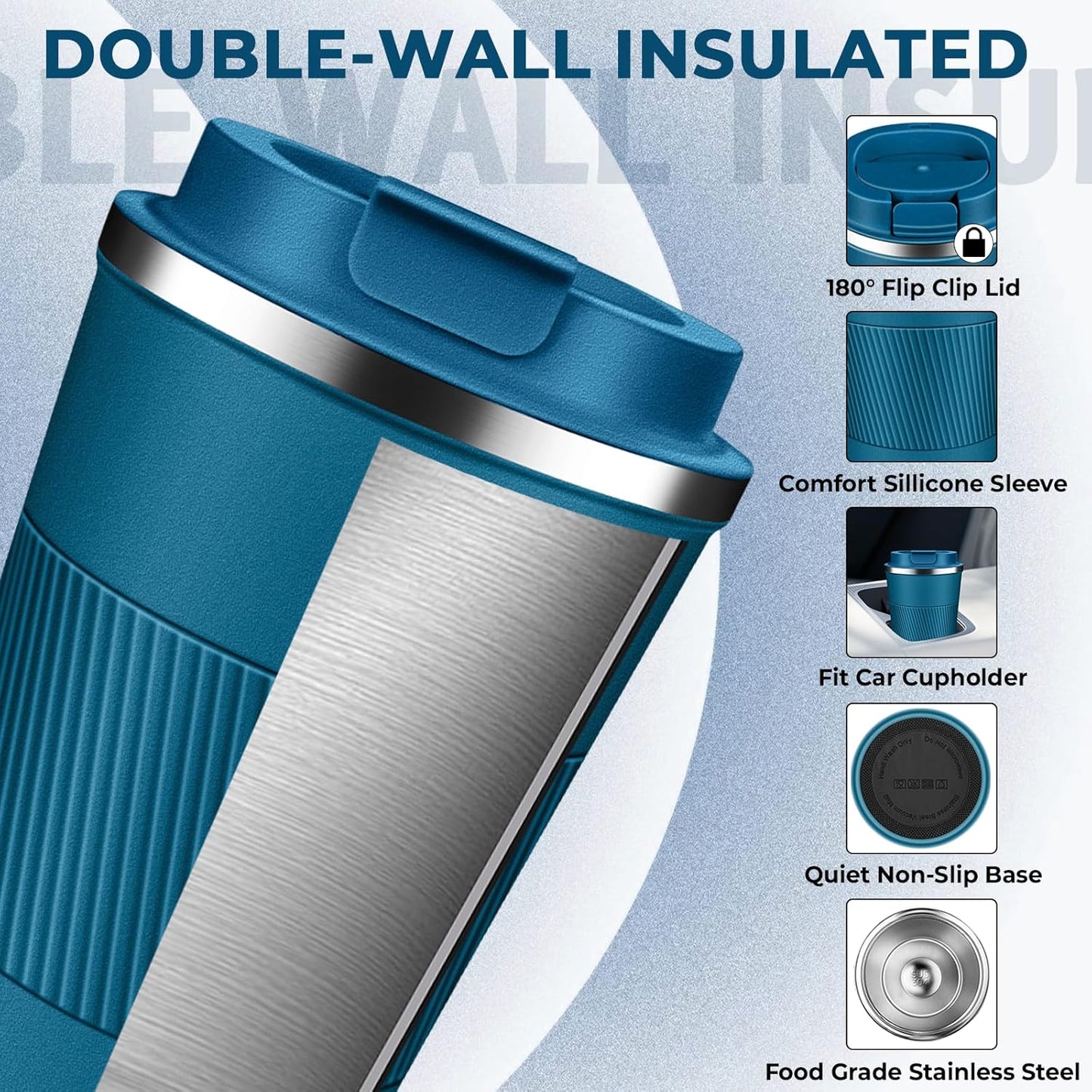 Insulated Coffee Tumbler 17 oz, Stainless Steel Coffee Mug with Lids, Travel Coffee Mug Leak Proof, Double Wall Vacuum Insulated Reusable Coffee Cup, Keep Drinks Hot and Cold (Deep Teal, 17 Ounces)