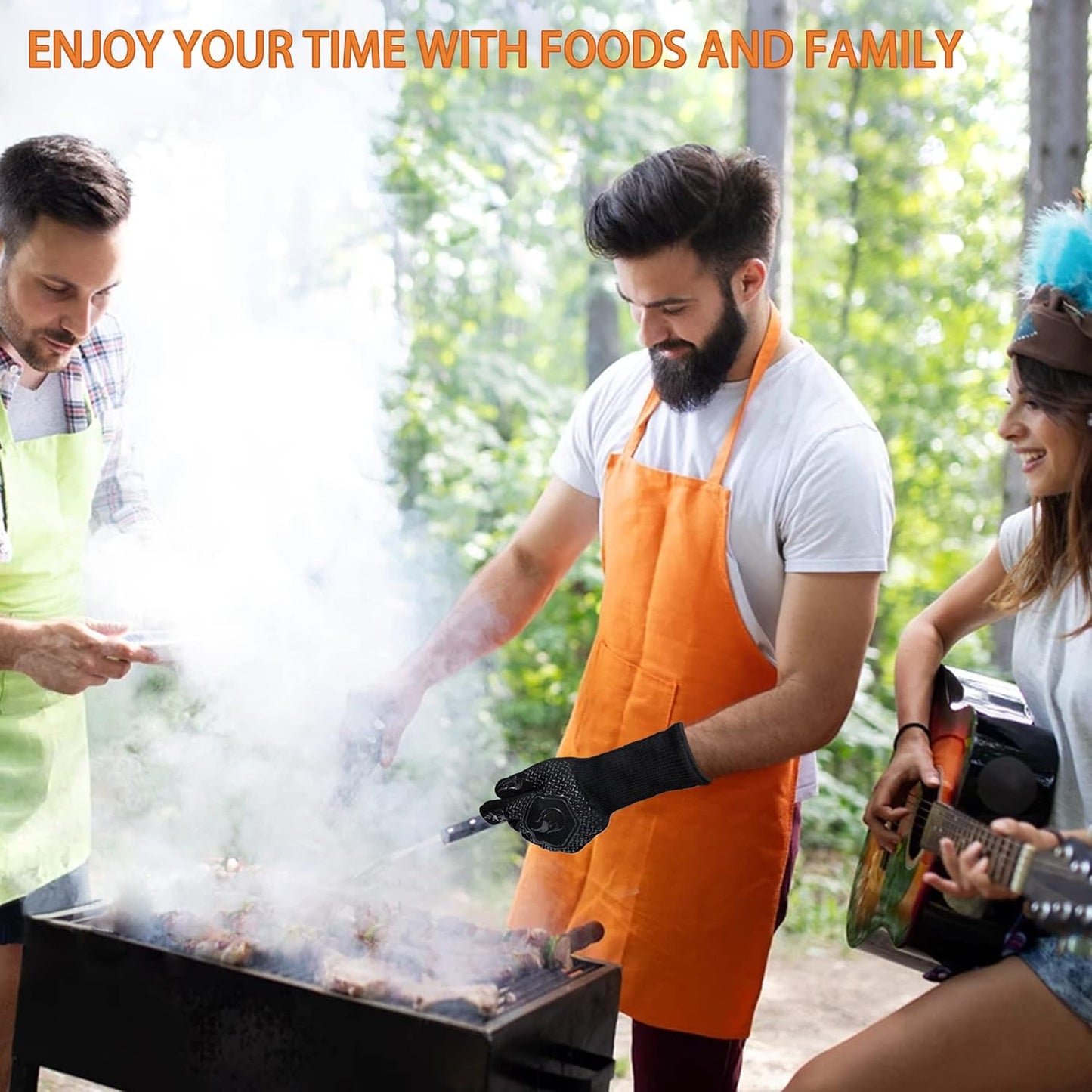 BBQ Fireproof Gloves, Grill Cut-Resistant Gloves 1472°F Heat Resistant Gloves, Non-Slip Silicone Oven Gloves, Kitchen Safe Cooking Gloves for Oven Mitts,Barbecue,Cooking, Frying, Black（2 Pairs）