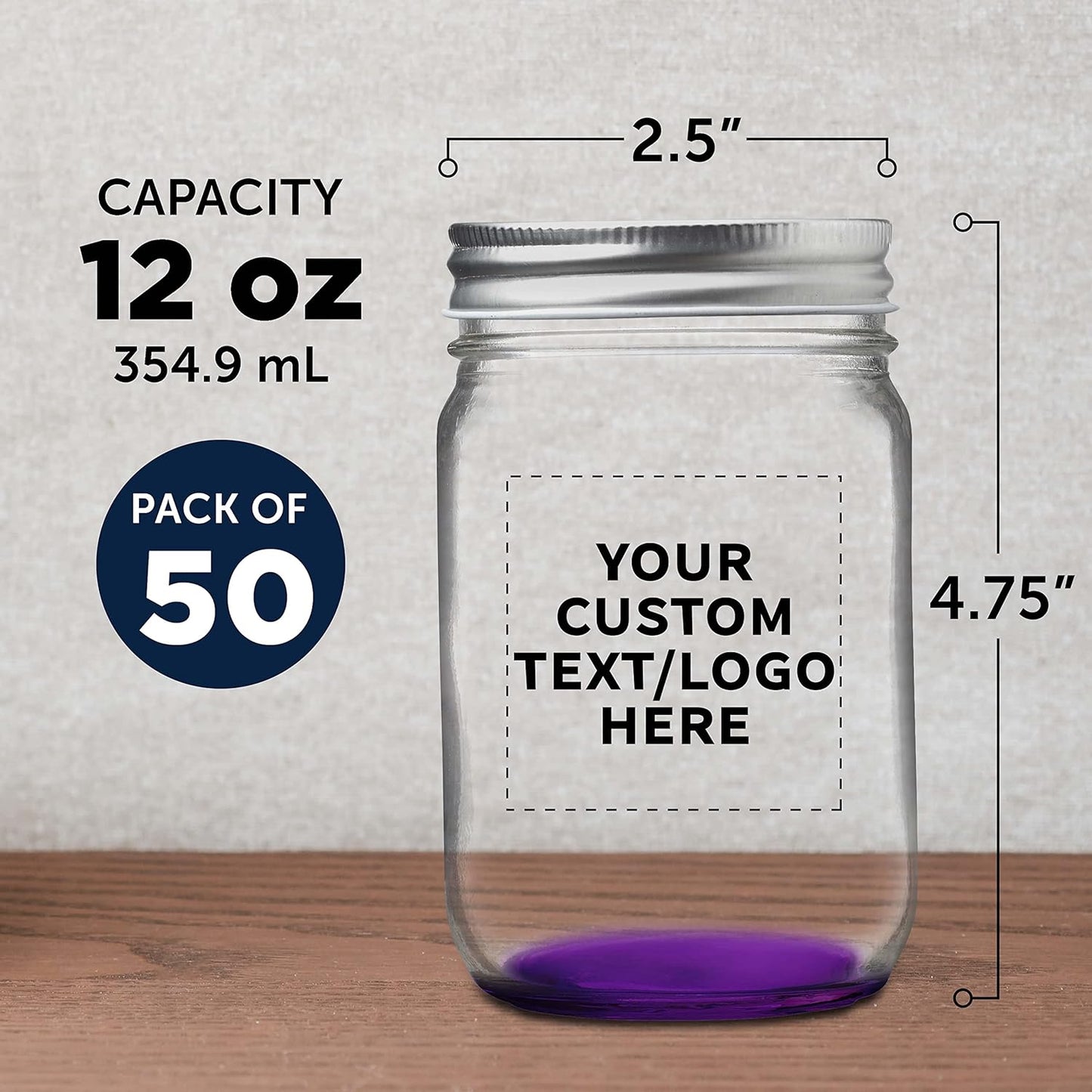 DISCOUNT PROMOS 50 Decorating Mason Jars Set, 12 oz. - Customizable Text, Logo - Canning, Aluminum Lid - Purple
