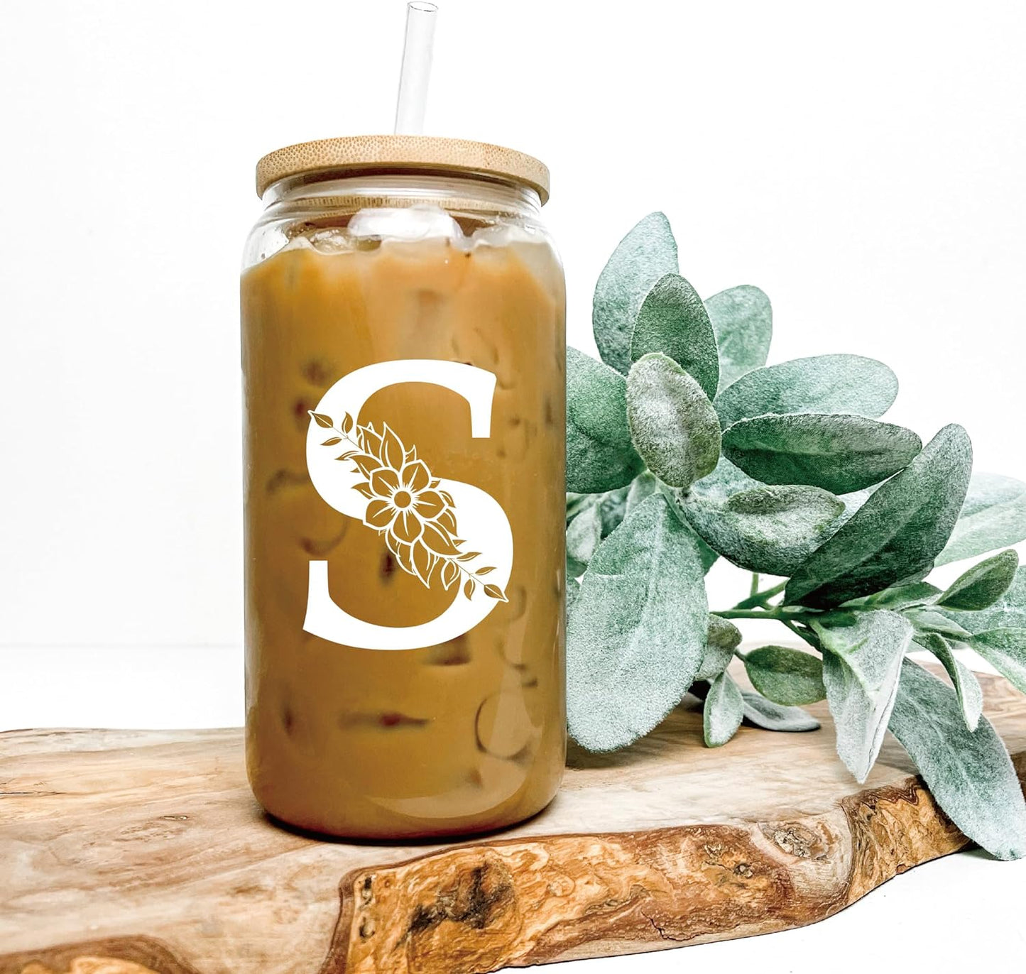 Personalized Gifts for Women, Monogrammed Glass Cups with Lids and Straws, Custom Tumbler, Cute Customized Mug, Aesthetic Stuff, Initial Iced Coffee Cup, Drinking Glasses, Birthday Teacher Gifts, S