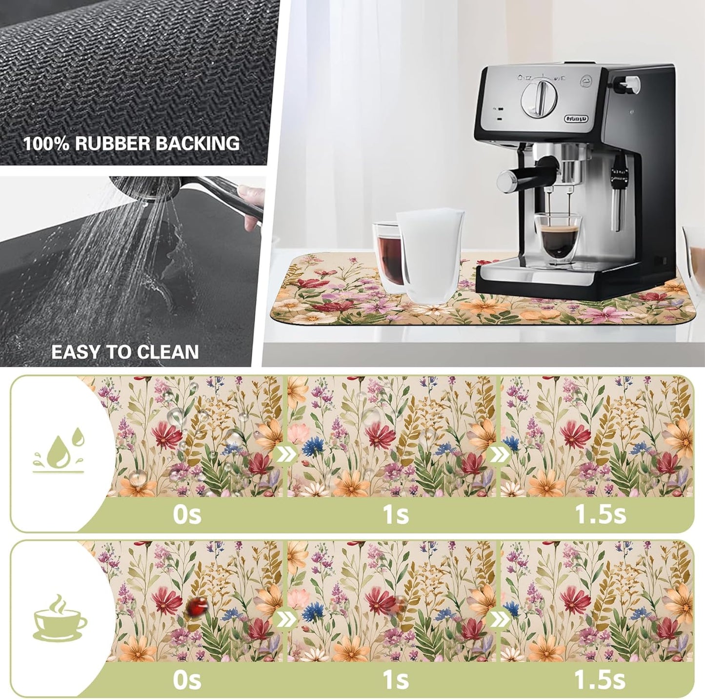 Colorful Wildflowers Dish Drying Mat Meadow Flowers Floral Kitchen Mat 16"x24" Bsorbent Coffee Maker Mat for Dishes,Utensils Coffee Maker Pots and Pans Easy Clean Dish Slip Resistant Pad