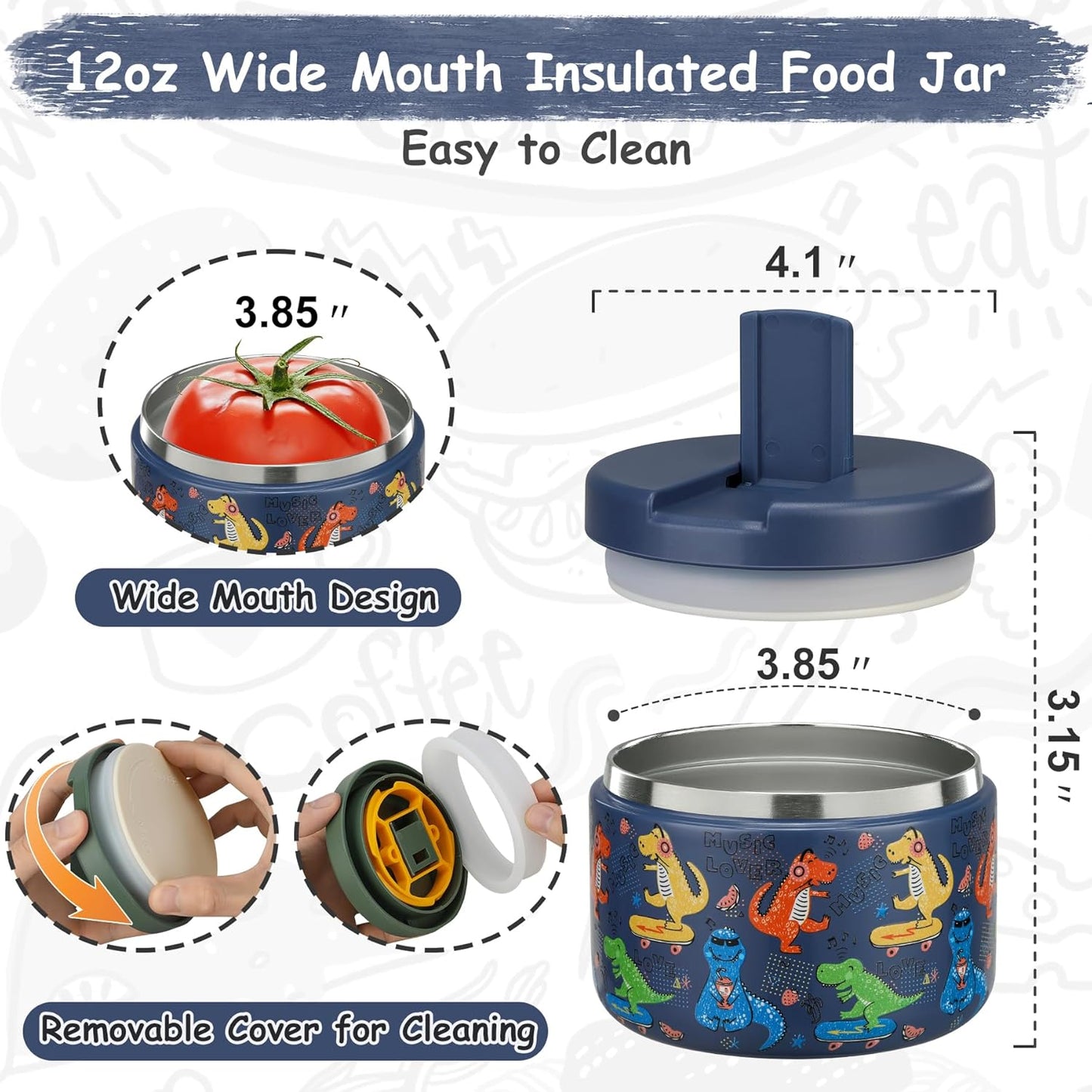 12oz Insulated Vacuum Food Jar with Buckle Lid Wide Mouth Soup Thermo for Hot Food Kids Leakproof Stainless Steel Lunch Container (Blue-Dinosaur)