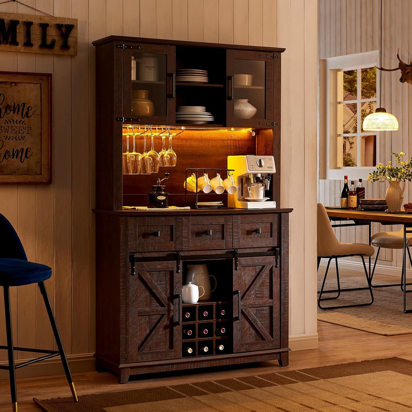 AMERLIFE 72'' Coffee Wine Bar Cabinet with Sliding Barn Door, Farmhouse Kitchen Sideboard, Buffet Storage Table, Wine Glass Racks, 3 Drawers, LED Lights, Tall Hutch Home Bar for Dining Room Brown