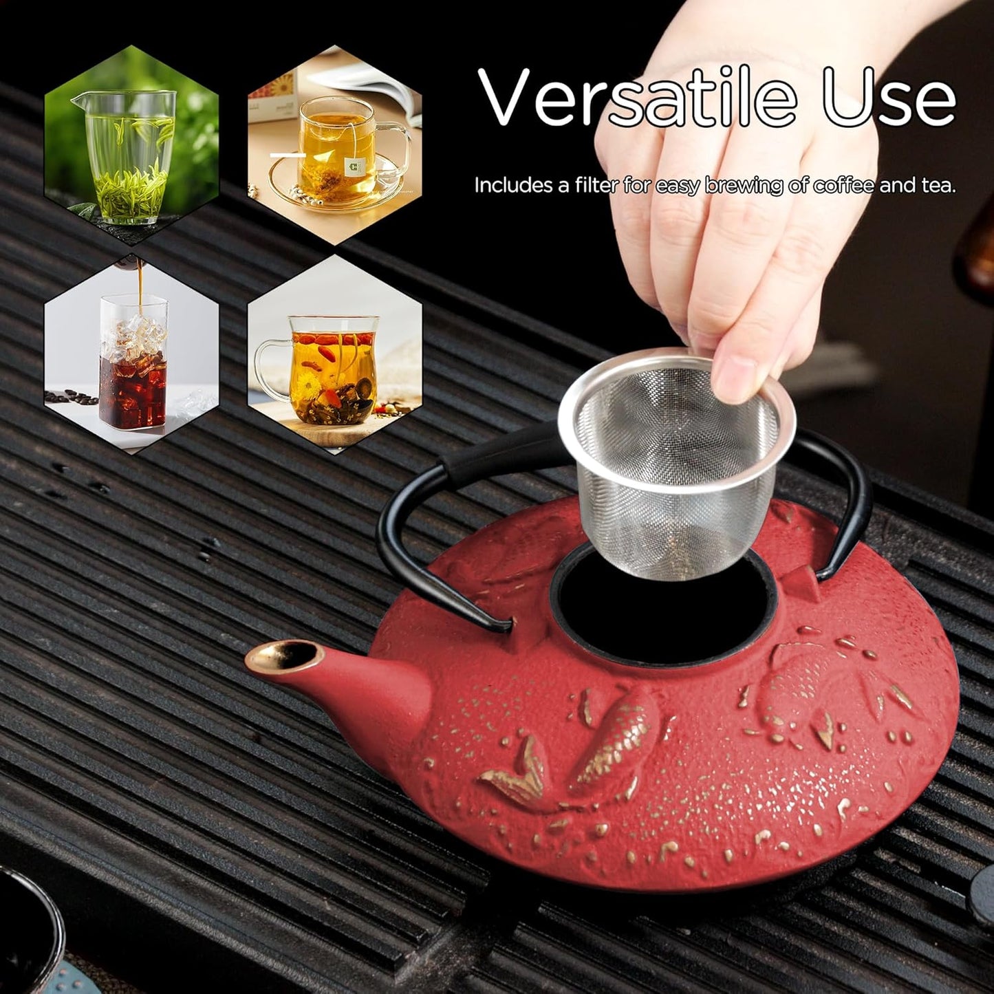 Cast Iron Teapot Set with 2 Tea Cups, 7Pcs Japanese Tea Kettle with Stainless Steel Infuser, Tea Pot Coated with Enameled Interior, Fish Pattern, 27oz 780ml Red