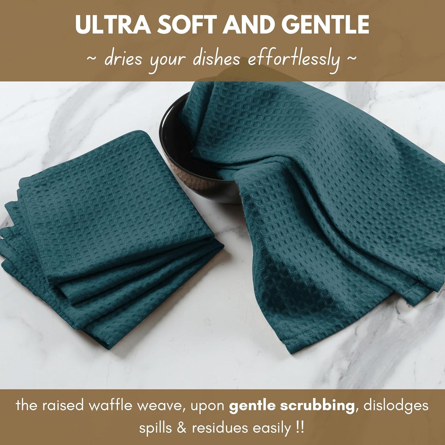 Native Fab 6 Pack Waffle Dish Cloths - 100% Cotton Absorbent, Quick Drying & Soft Towels for Cleaning, Cooking & Baking - Ideal for Home, Restaurants & Cafes - 12x12 Inches - Teal Green