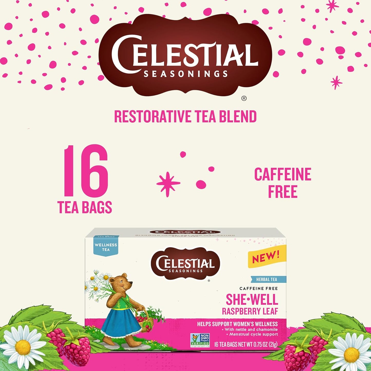 Celestial Seasonings SheWell Raspberry Leaf Wellness Tea, Caffeine Free, 16 Tea Bags Box