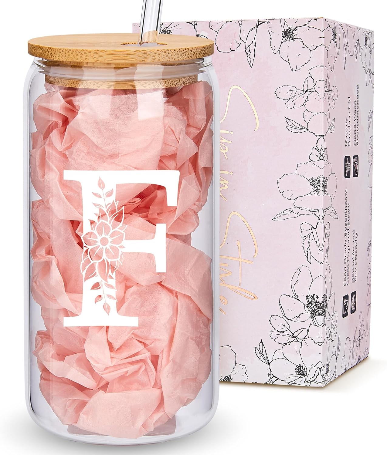 Personalized Gifts for Women, Monogrammed Glass Cups with Lids and Straws, Custom Tumbler, Cute Customized Mug, Aesthetic Stuff, Initial Iced Coffee Cup, Drinking Glasses, Birthday Teacher Gifts, F