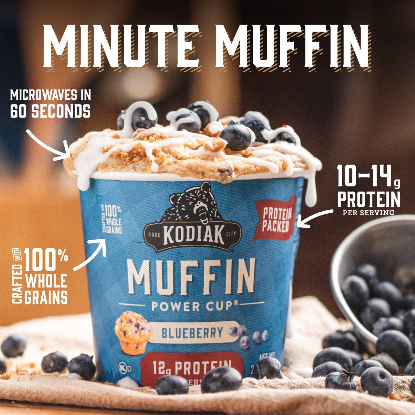 Kodiak Cakes Minute Muffins, Mountain Blueberry, 2.29 Ounce (Pack of 12) (Packaging May Vary)