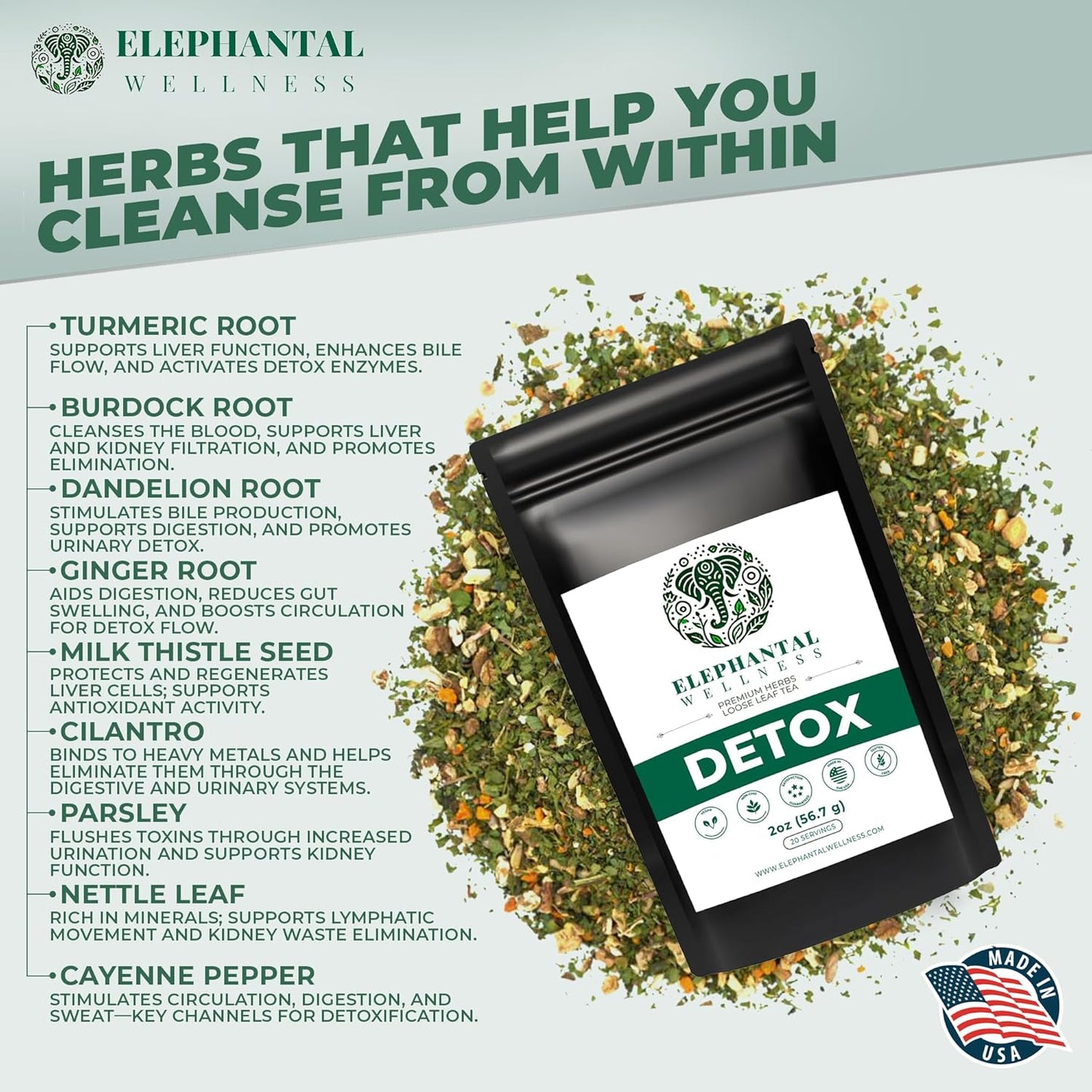 Elephantal Wellness Premium Detox Herbal Tea | Daily Liver, Kidney, Blood & Digestive Support with Turmeric, Nettle Tea, Milk Thistle, Dandelion Tea & Burdock | Handmade, Caffeine-Free Loose Leaf Blend