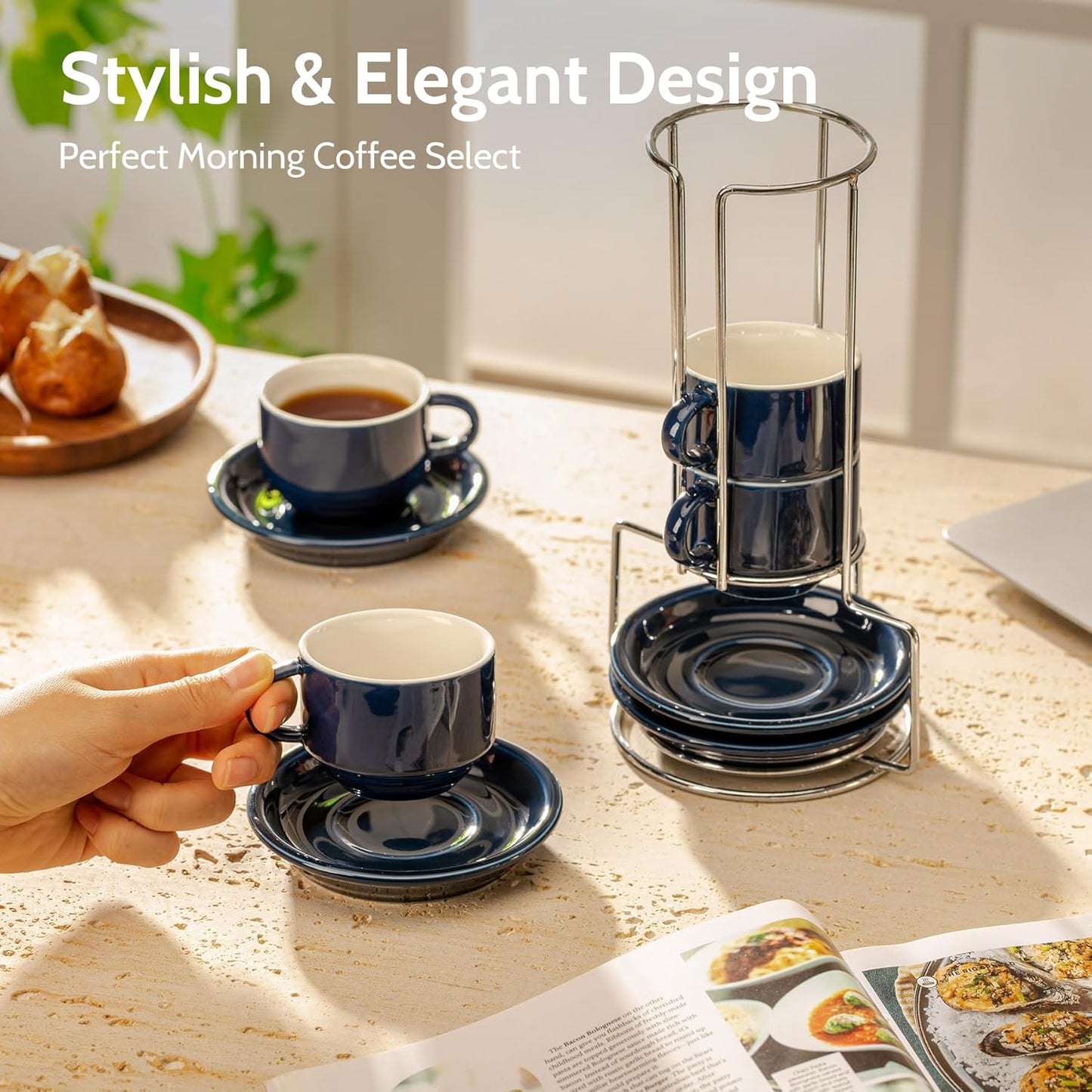Sweese 4 Ounce Porcelain Stackable Espresso Cups with Saucers and Metal Stand Set of 4, Navy