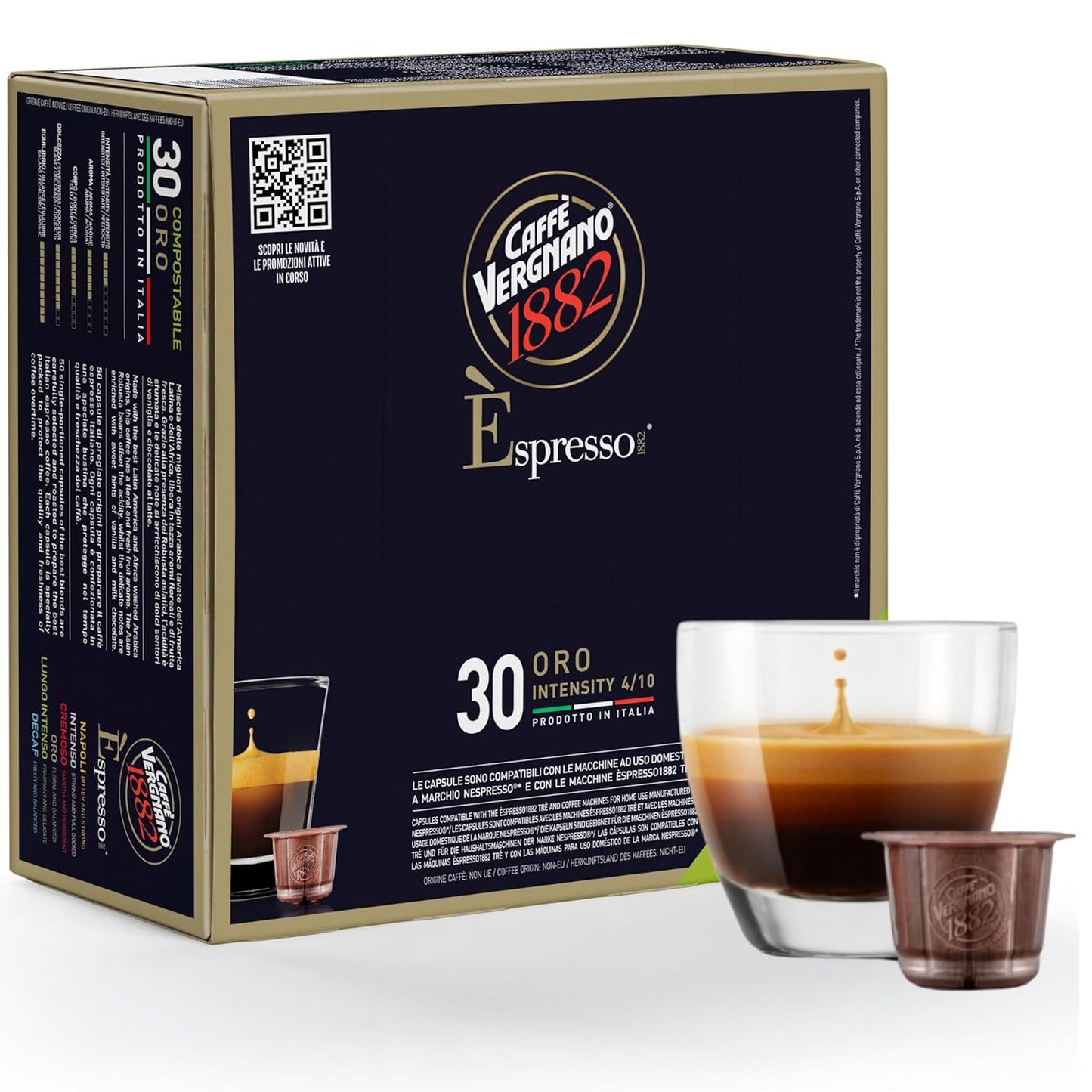 Caffe' Vergnano 1882 Medium Roast Espresso Original Line Machine Compatible Capsules, Single-Serve Arabica Robusta Espresso, Italian Coffee For Nespresso Coffee Machines, Intensity 4/10, Oro, 30 Ct