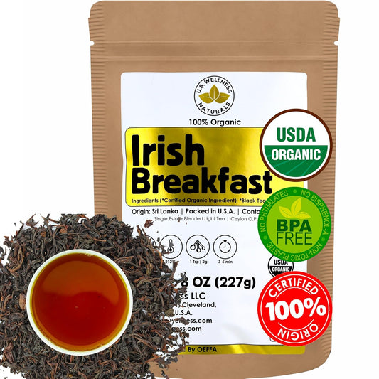 U.S. Wellness Naturals Irish Breakfast Tea, SMOOTH, RICH & WELL-ROUNDED loose leaf tea, 110+ cups, 8oz, 100% ORGANIC CEYLON (2 Estate Blend), fresh new harvest, OP grade tea