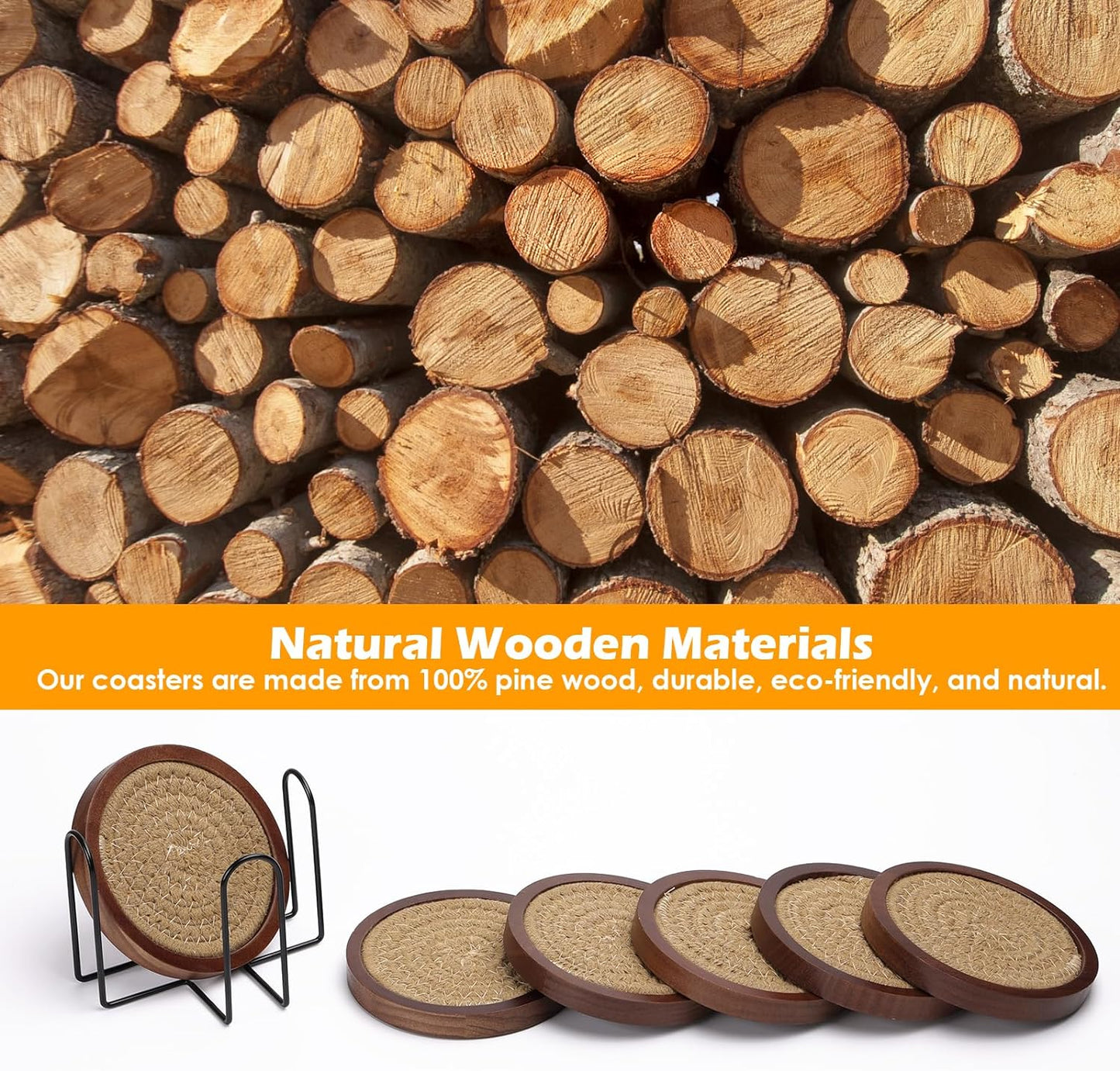 Mckanti 6 Pack Wood Coasters for Drinks with Cotton Coasters Insert, Wooden Coasters with Holder for Coffee Table Decor, Absorbent Coasters for Kinds of Cups, 4.3 Inches
