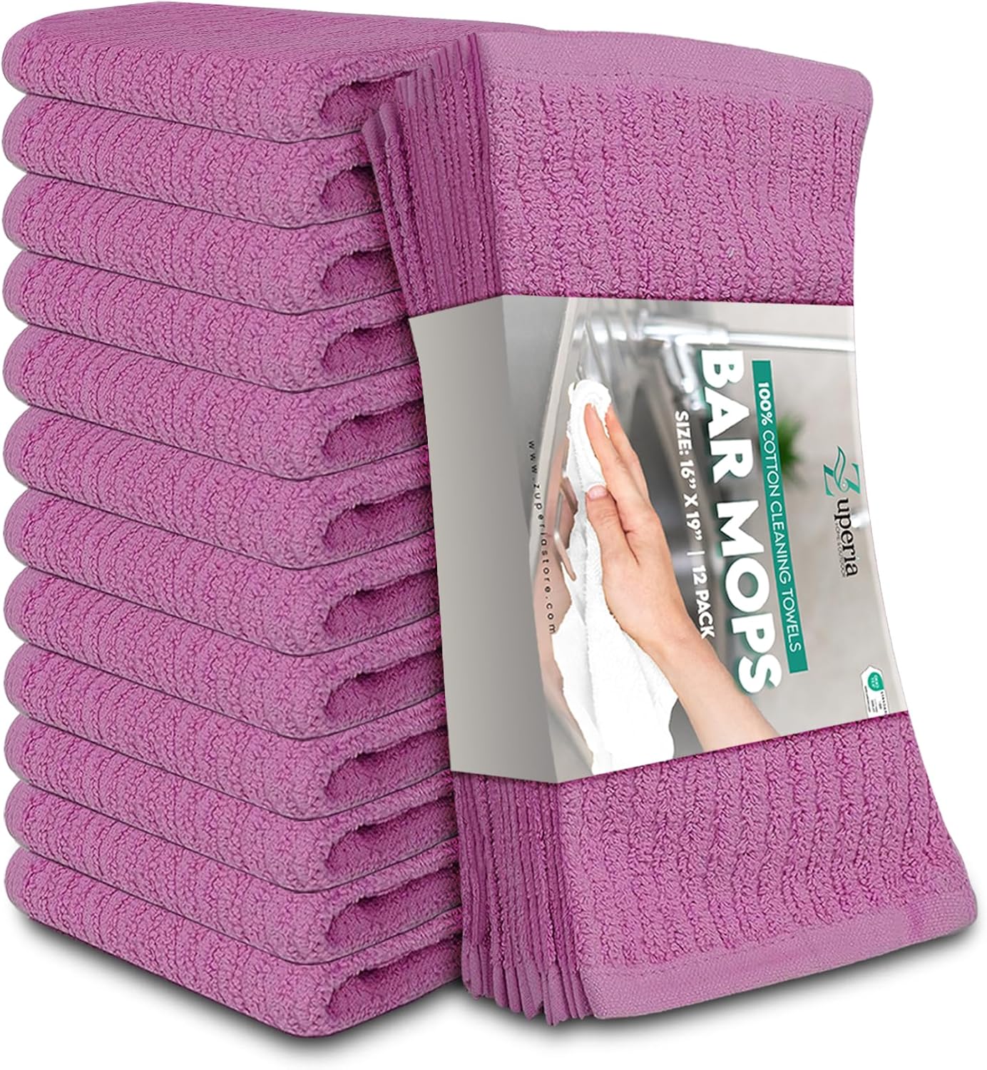ZUPERIA Bar Mop Kitchen Towels - Pack of 12 (16" x19”) 100% Ring Spun Cotton - Dish Washcloths for Superb Cleaning and Less Lint - Highly Absorbent Dish Cloths and Dish Towels for Everyday use (Pink)