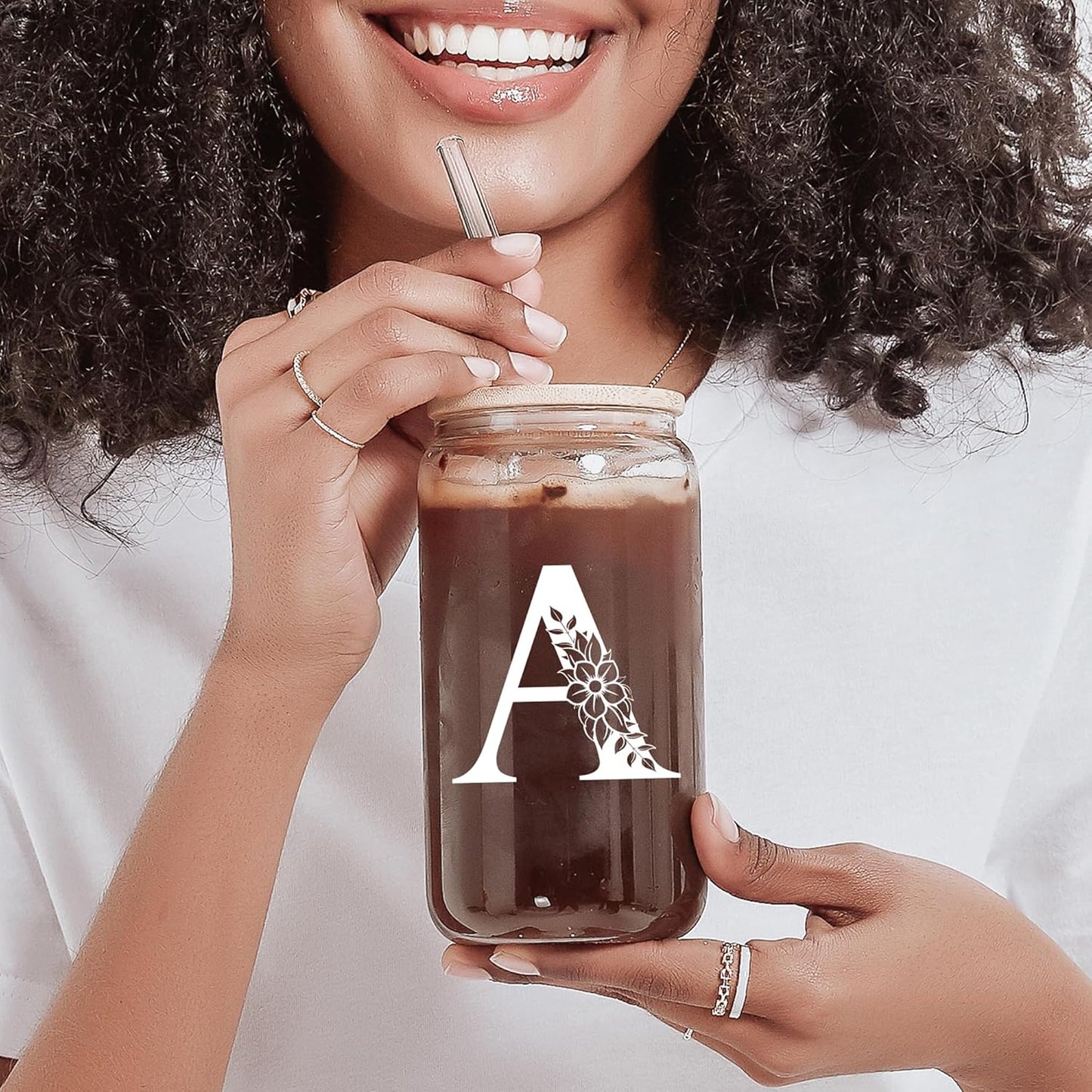 Personalized Gifts for Women, Monogrammed Glass Cups with Lids and Straws, Custom Tumbler, Cute Customized Mug, Aesthetic Stuff, Initial Iced Coffee Cup, Drinking Glasses, Birthday Teacher Gifts, N