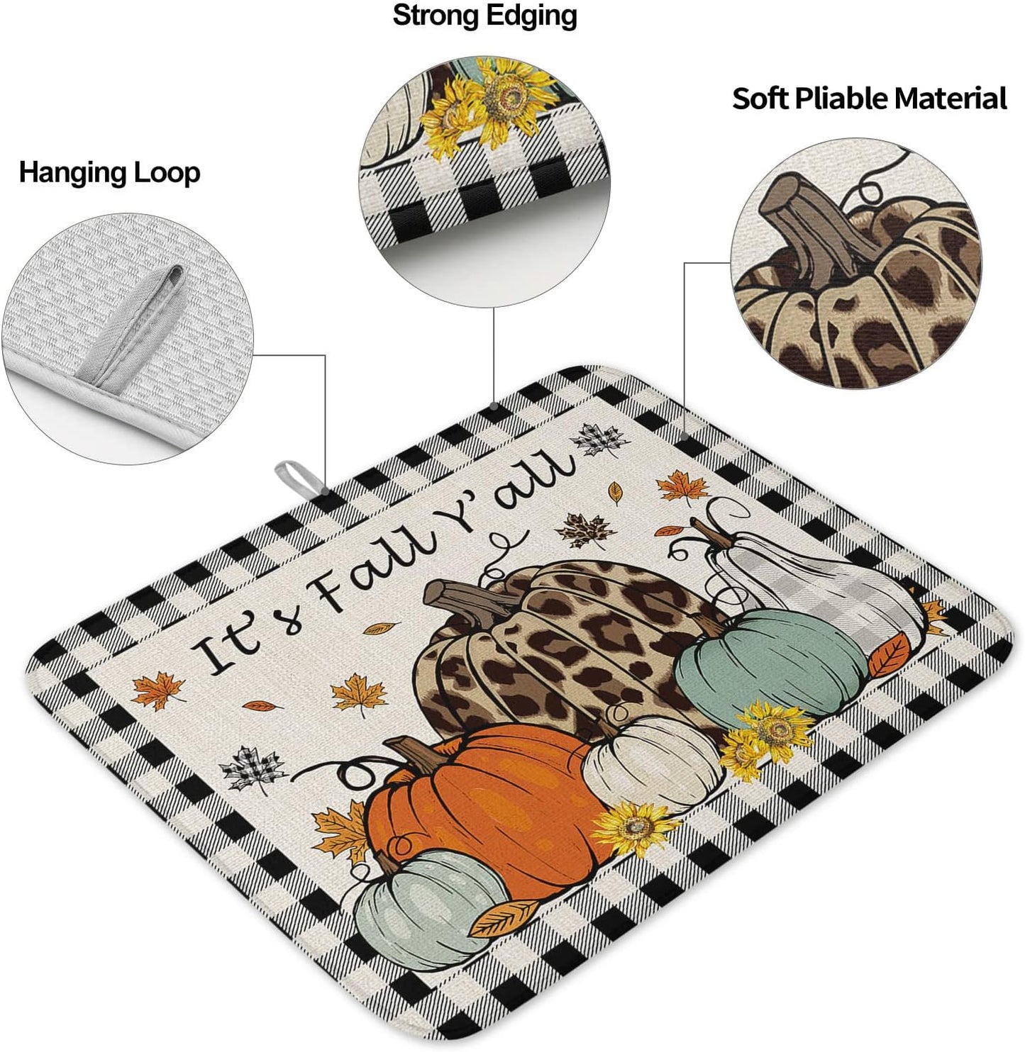 Fall Dish Drying Mat for Kitchen Counter Pumpkin Drying Pad Absorbent Drying Mats for Countertops Sinks Draining Racks Maple Leaves Black Buffalo Plaid Drainer Holiday Harvest Thanksgiving Decor 16x18