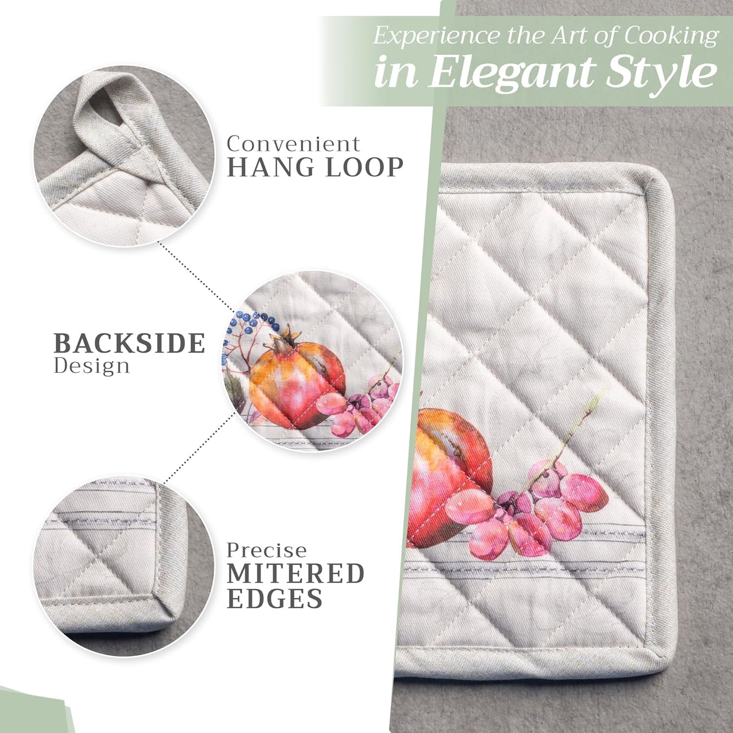 Maison d' Hermine Pot Holders Set 100% Cotton Heat Resistant Potholders 8" x 8" Hot Pads with Loop BBQ, Cooking, Baking, Grilling, Kitchen, Handling Hot Pans (Pack of 2, Fruit D'Hiver)