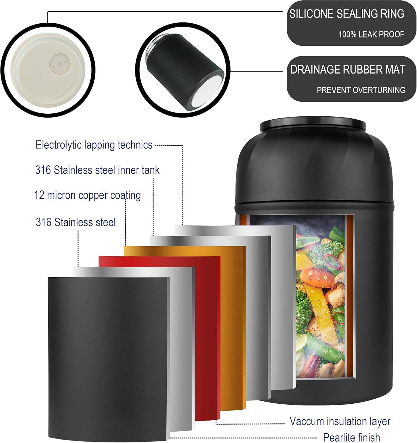 Thermo for Hot Food & Drinks, Thermo Lunch Box, 17oz Vacuum Insulated Food Container with Spoon&Drawstring Bag, Soup Thermo for Adults, Black