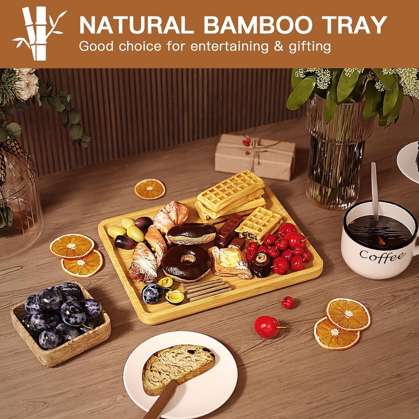 Square Bamboo Serving Tray with Handles - 9.4x7.4 Inch Rustic Wooden Platter for Coffee, Kitchen, Living Room & Party (Lightweight, Splinter-Free & Oil-Coated)