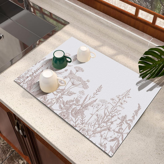 Dish Drying Mat, Absorbent Coffee Mat Rubber Backed, Soft Silicone Dish Drying Mat for Kitchen Counter or Sink for Kitchen Bathroom Coffee Bar (Plants, 12 x 16 Inches)