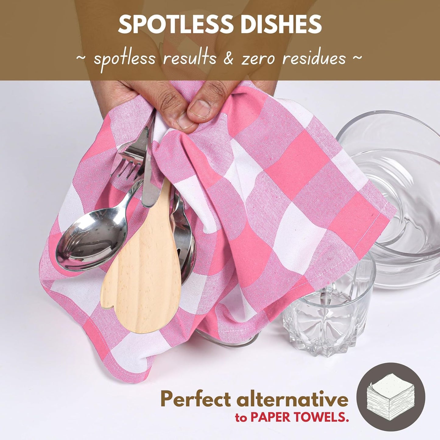 Native Fab Pink Checked Kitchen Towel 16"x26" - 12 Pack Buffalo Plaid Cotton Dish Towels - Absorbent Dishcloth Set, Soft Reusable Towels with Hanging Loop - Pink White