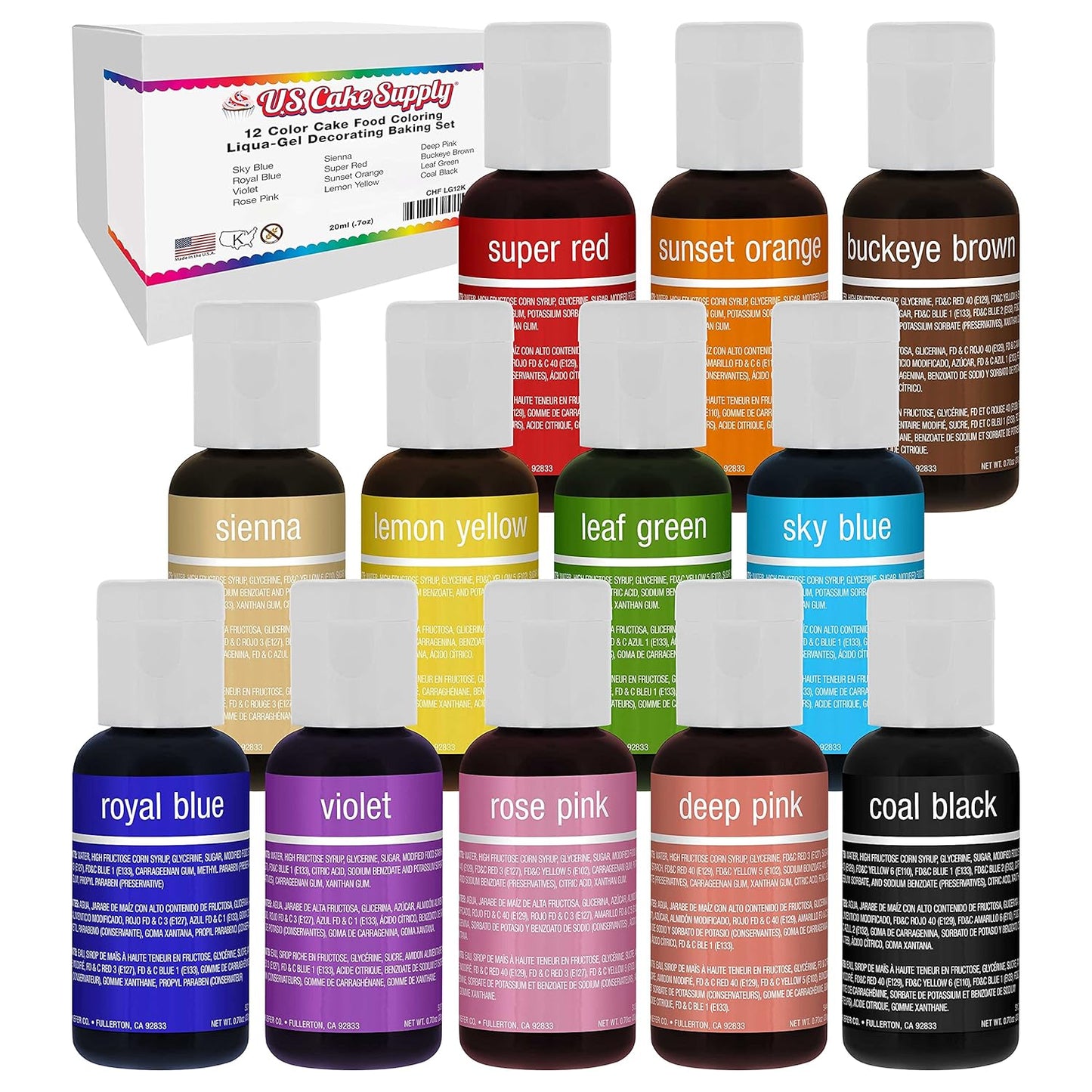 U.S. Cake Supply 12 Color Cake Food Coloring Liqua-Gel Decorating Set - .75 fl. Oz. (20ml) Bottles Primary Colors