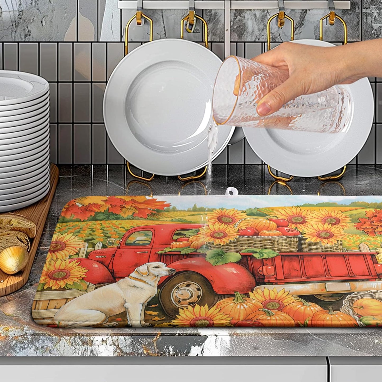 Sunflower Dish Drying Mat Pumpkin Fall Dish Drying Pad Thanksgiving Kitchen Drying Mat Truck Dish Drying Matt Autumn Harvest Dish Drainer Mat 18x24 In Coffee Maker Mats