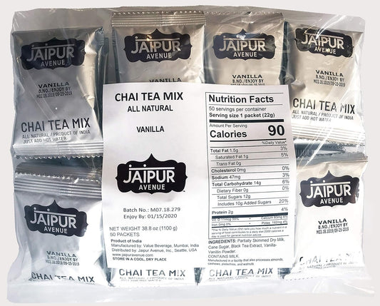Jaipur Avenue Vanilla Chai Tea Mix Crafted with All-Natural Assam Black Tea, Vanilla, Cane Sugar, and Premium Dry Milk - Preservative-Free, Gluten-Free, Authentic Indian Chai Tea Latte (50-Count Bag)