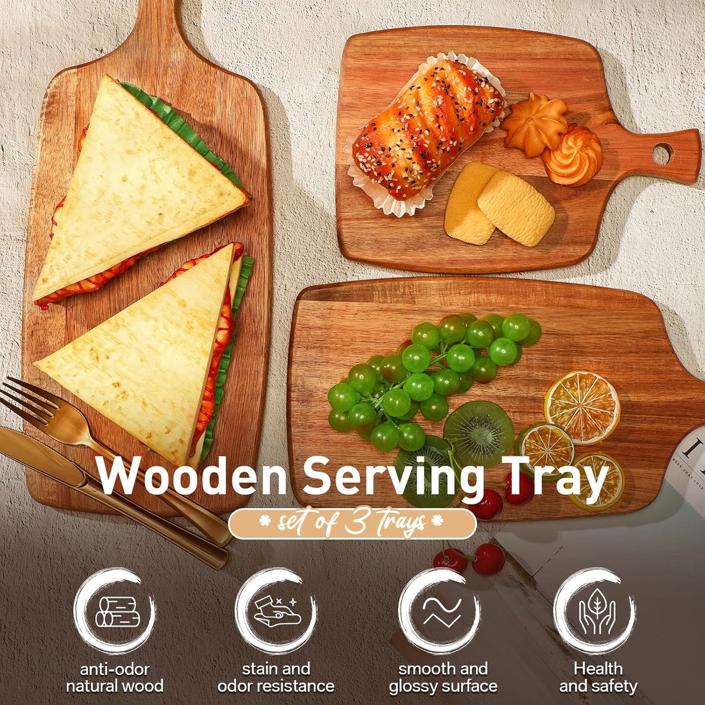 Kathfly 3 Pcs Acacia Wood Cutting Board with Handle Wooden Laser Kitchen Serving Charcuterie Board for Vegetables Meat Pizza Cheese Fruit Bread(17 x 7 Inch)