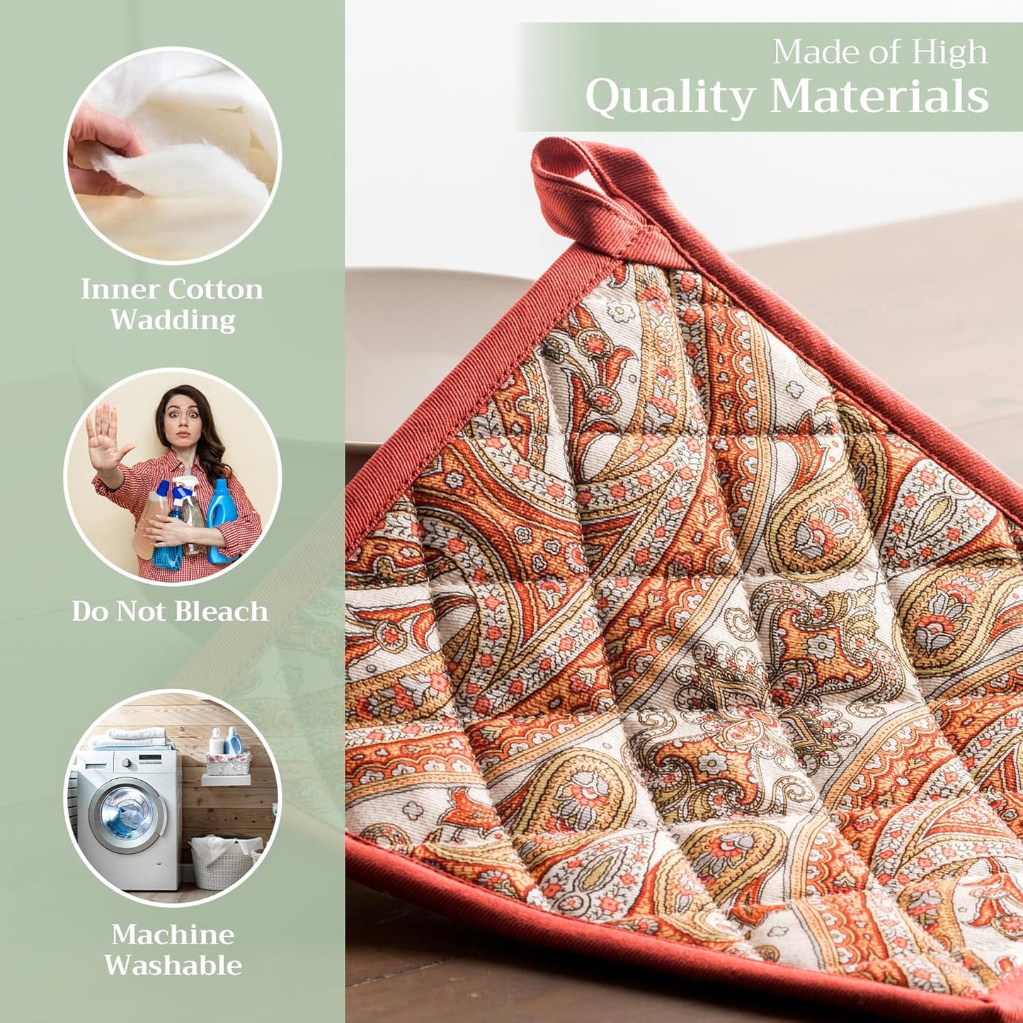 Maison d' Hermine Pot Holders Set 100% Cotton Heat Resistant Potholders 8" x 8" Hot Pads with Loop BBQ, Cooking, Baking, Grilling, Kitchen, Handling Hot Pans (Pack of 2, Kashmir Paisley)