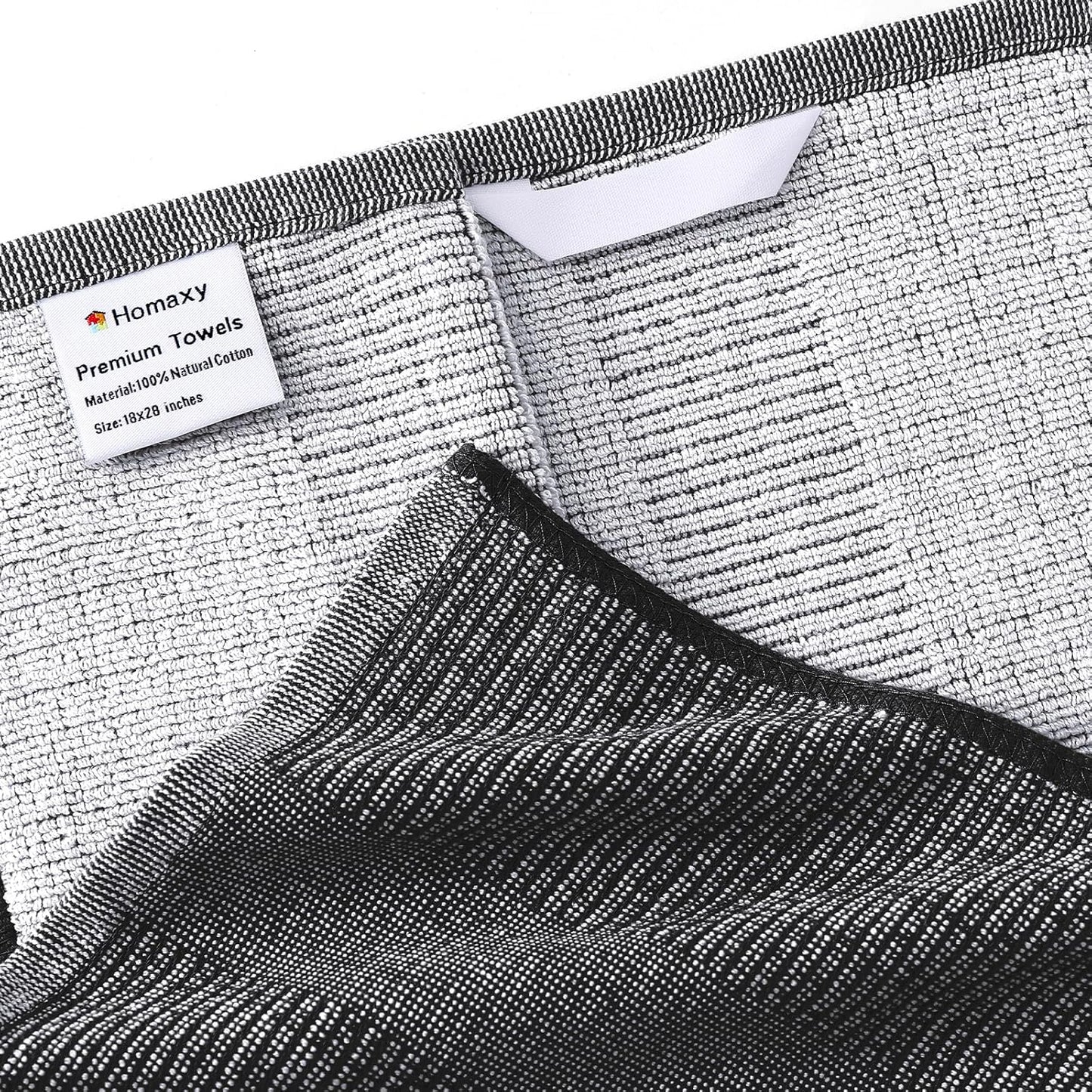 Homaxy Premium Kitchen Towels(18”x 28”, 6 Pack), Large Cotton Kitchen Hand Towels, Flat and Terry Dish Towels, 380 GSM Highly Absorbent Tea Towel Set with Hanging Loop, Black