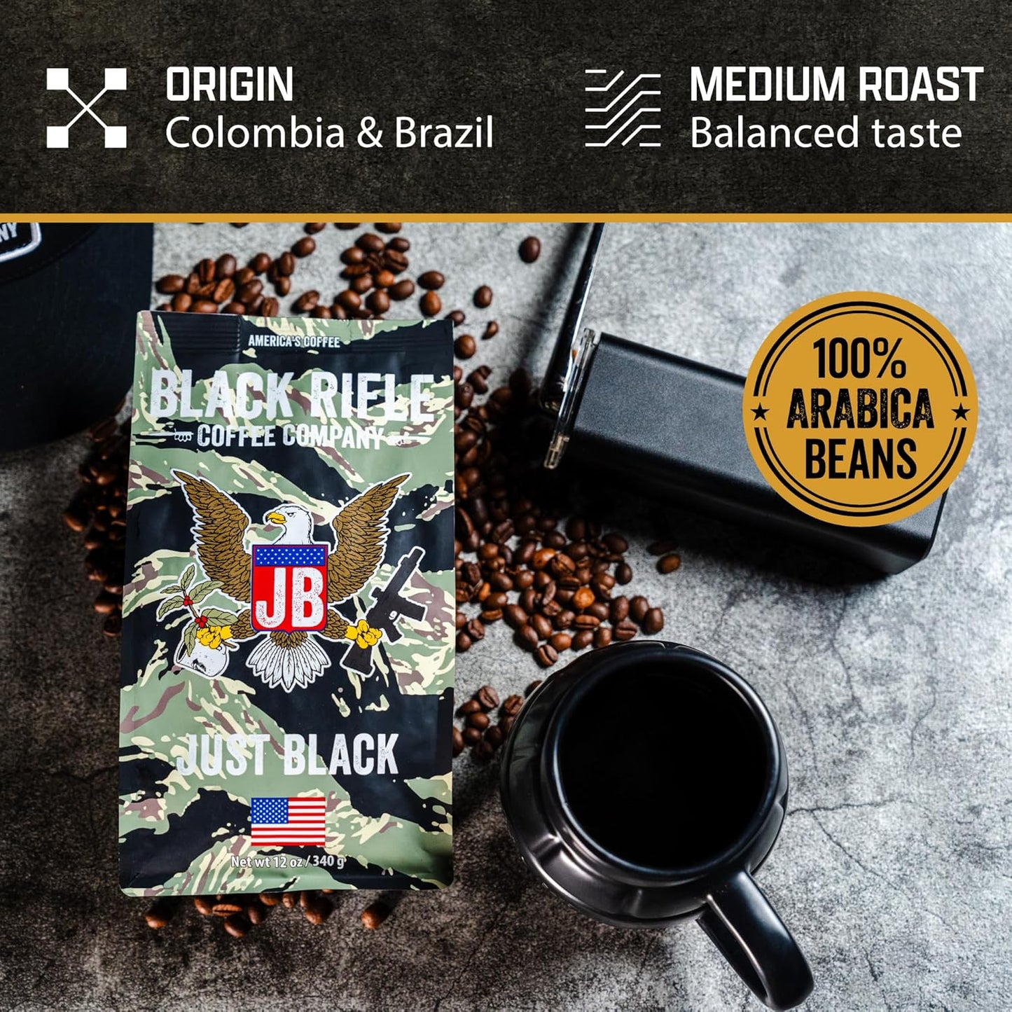 Black Rifle Coffee Company Ground Coffee Medium Roast - Roasted Blend Made from Pure Arabica Beans - Colombian & Brazilian Beans - Veteran Founded & American Made (Just Black, 18oz Bag)