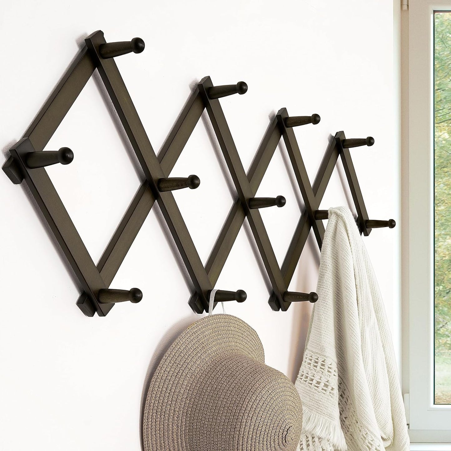 Dseap Accordion Wall Hanger:16'' High Wooden Wall Expandable Coat Rack,Hat Rack Holder,Accordion Hook for Baseball Caps,Coats,13 Peg Hooks,Dark Walnut