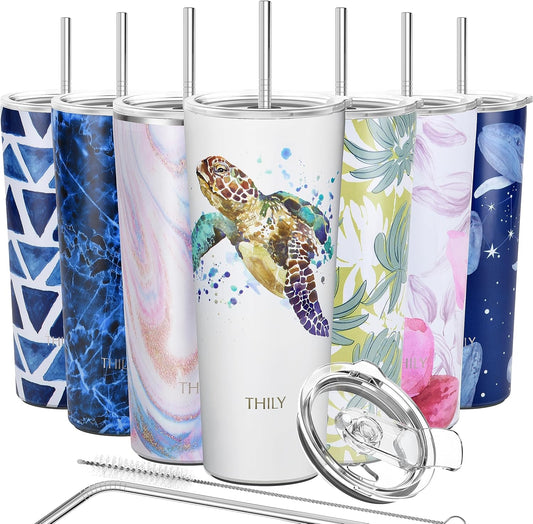 THILY Stainless Steel Vacuum Insulated Tumbler Travel Mug 26 oz Coffee Cup with 2 Lids and Straws, Splash Proof, Keep Ice Drinks Cold, Sea Turtle