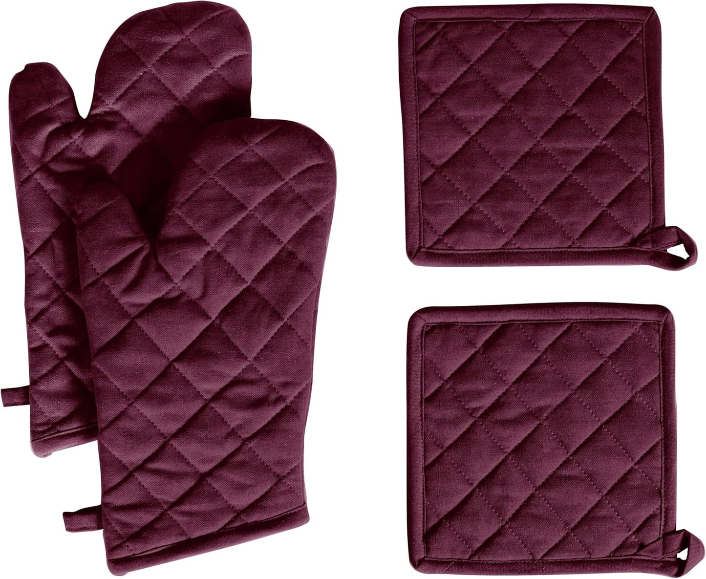 Native Fab 4 Piece Set - 2 Oven Mitts & 2 Potholders, Heat Resistant, 100% Cotton, Quilted Design, Non-Slip Grip, Machine Washable, Ideal for Baking, Cooking, BBQ, Kitchen Protection - Burgundy Wine