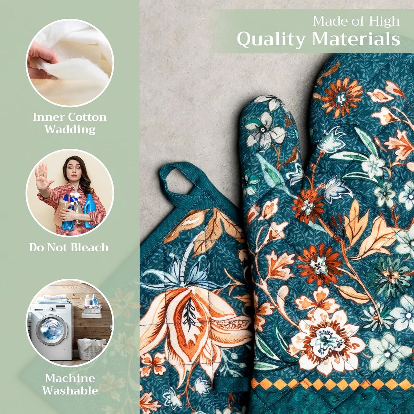 Maison d' Hermine 100% Cotton Oven Mitt & Pot Holder Set (7.5"x13" & 8"x8") Heat Resistant BBQ Cooking Gloves with Loop, Baking, Grilling, Kitchen, Handling Hot Pans (Luxury Loft-Dark Teal)