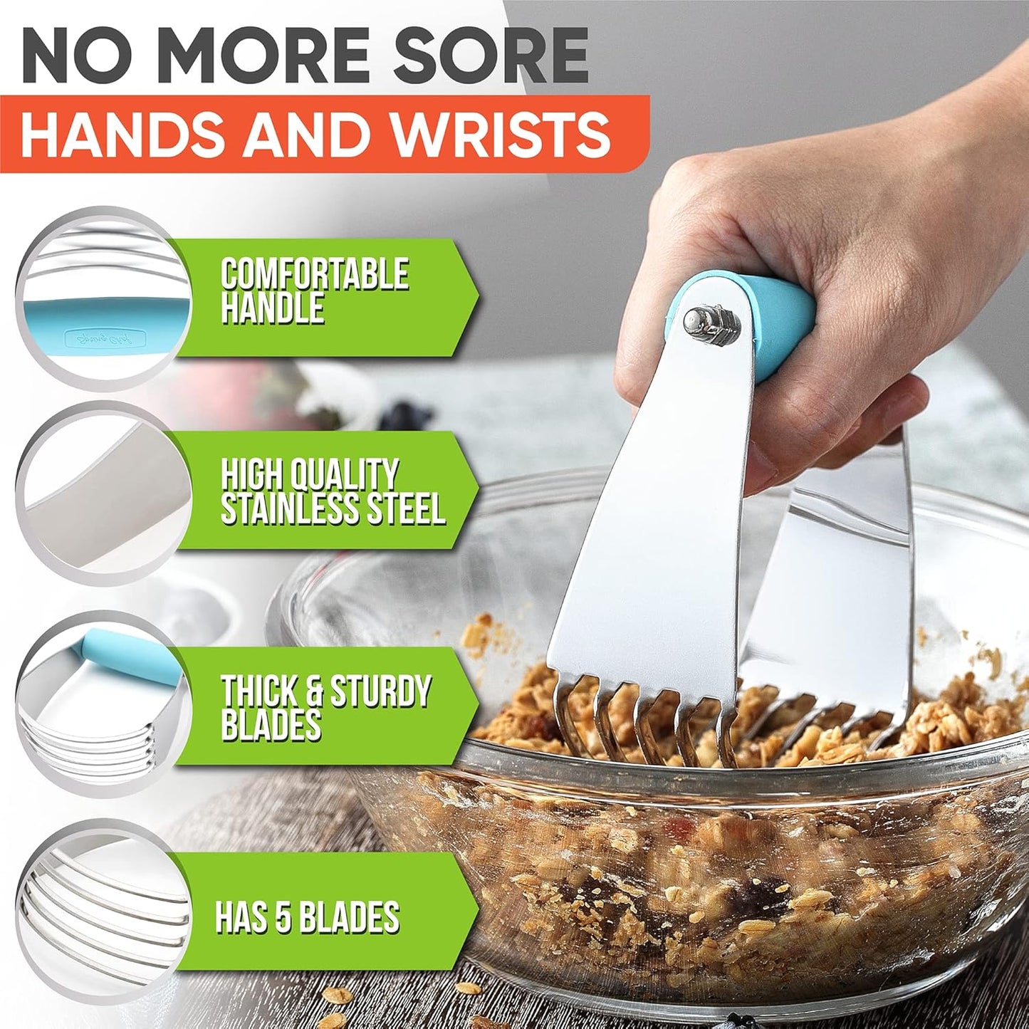 Spring Chef Dough Blender, Top Professional Pastry Cutter, Heavy Duty Baking Tool with Stainless Steel Blades, Medium Size, Aqua Sky