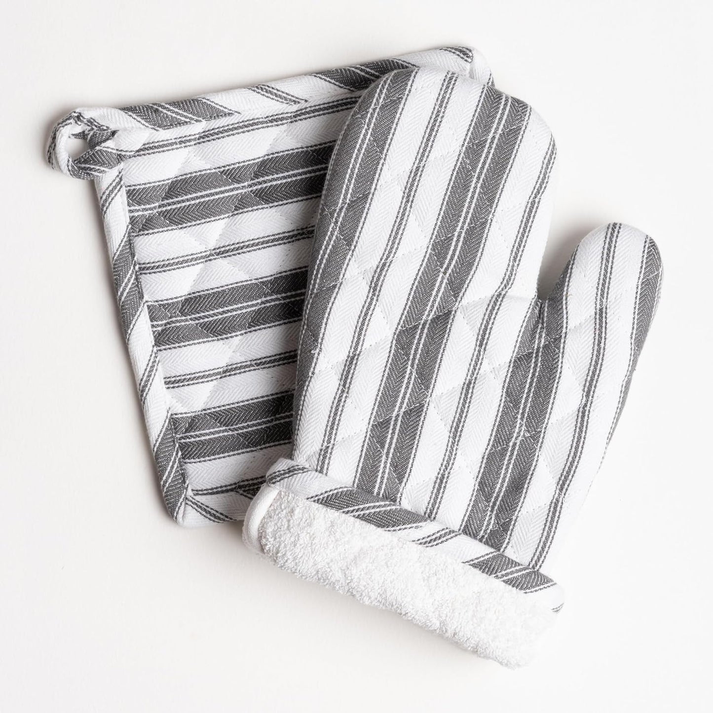 Oven Mitts & Potholder Set - Durable Heat Resistant Gloves - Thick Mittens for Kitchen - Suitable for Cooking, Baking, Grilling – BBQ - 2 Oven Mitts & 2 Potholders – Dark Grey Stripes - Casa De Lan