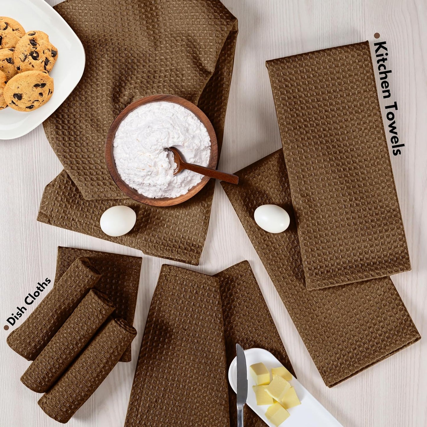 Native Fab Cotton Dish Towel & Dishcloths 8 Piece Set - Soft, Absorbent, Durable, Washable, Fast Drying Towels for Cleaning, Cooking, Baking - Ideal for Home, Kitchen, BBQ & Outdoor Use - Brown
