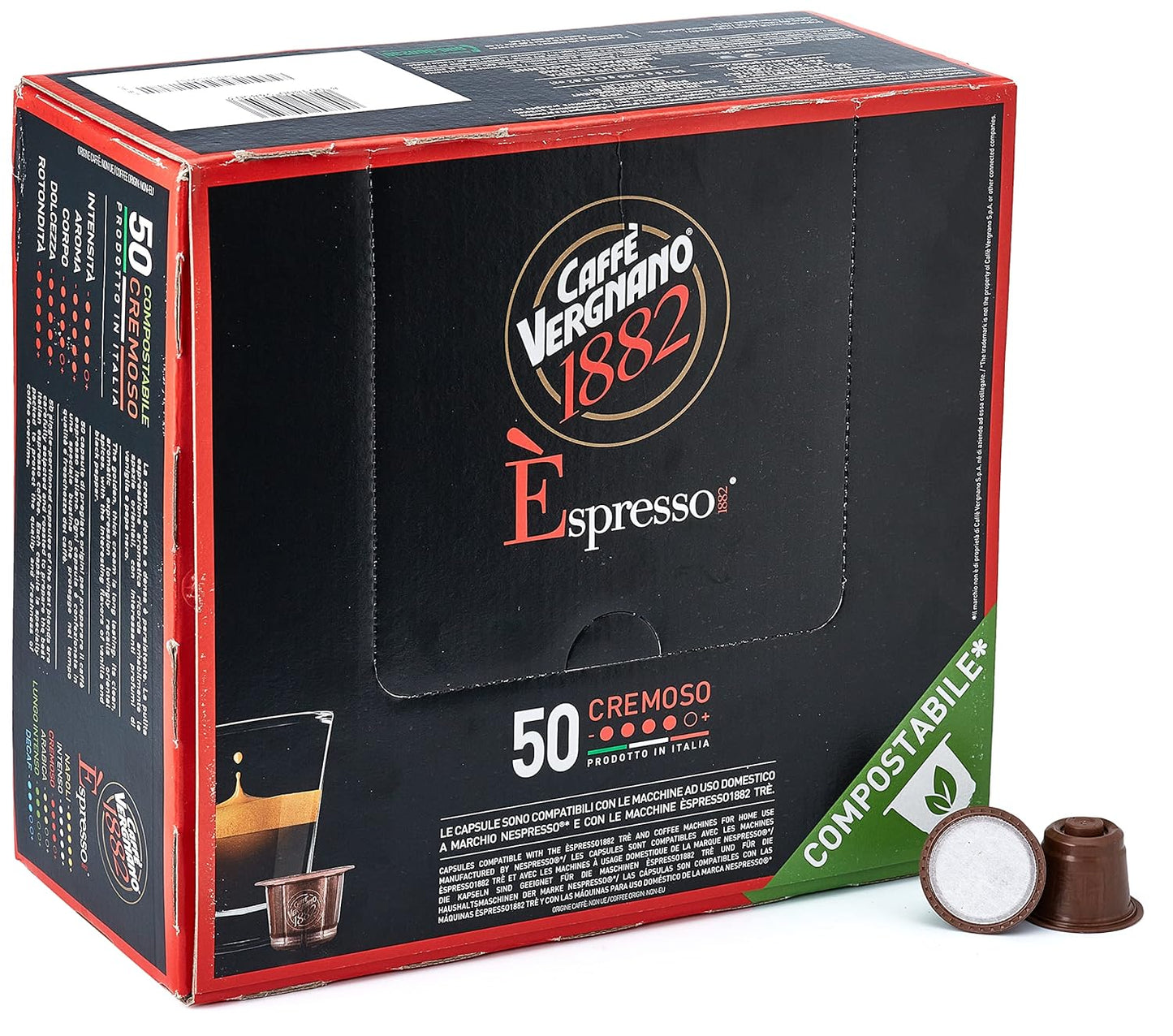 Caffe' Vergnano 1882 Medium Roast Espresso Original Line Machine Compatible Capsules, Arabica Robusta Espresso Coffee, Italian Coffee For Nespresso Coffee Machines, Intensity 6/10, Cremoso, 50 Ct