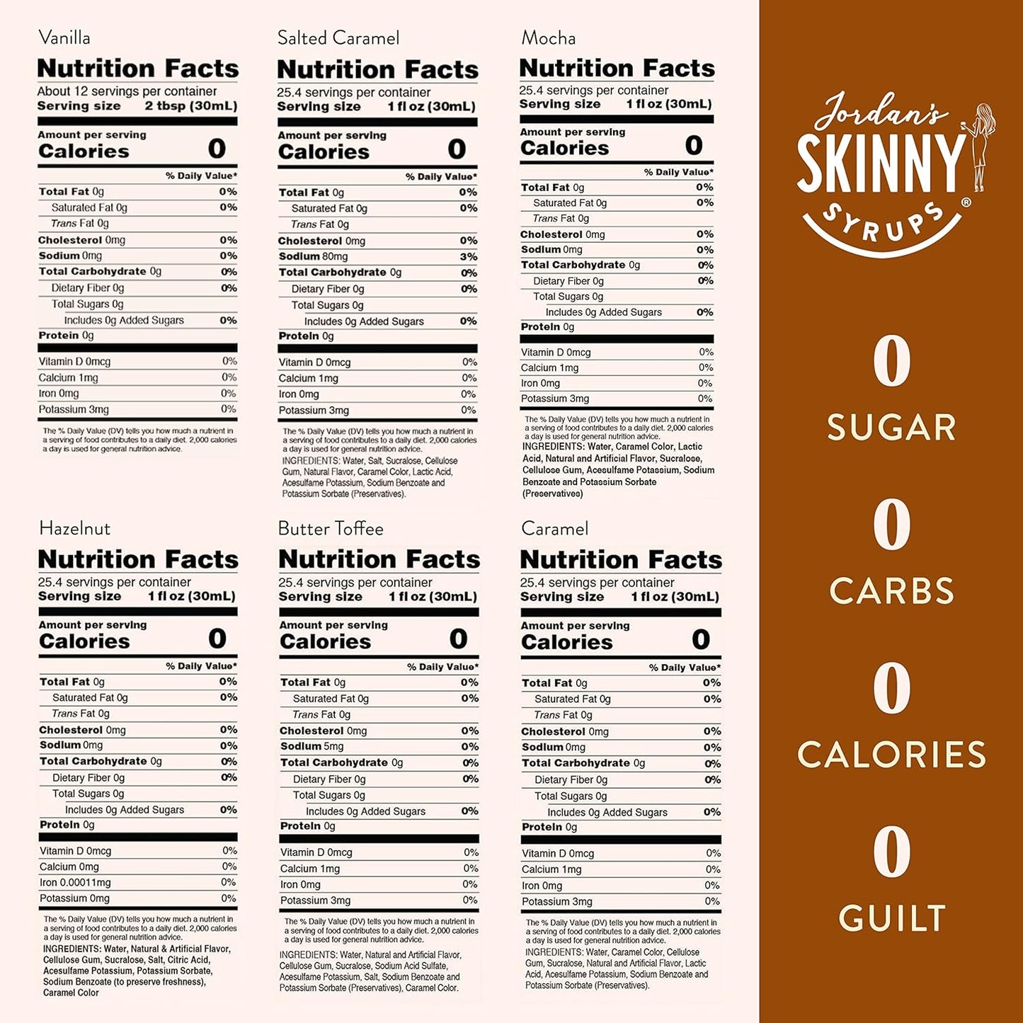 Jordan's Skinny Syrups Sugar Free Coffee Syrup, Vanilla, Salted Caramel, Hazelnut, Mocha, Butter Toffee, and Caramel Syrups, Zero Calorie Flavoring, 25.4 Fl Oz (Pack of 6), Sampler Variety Pack