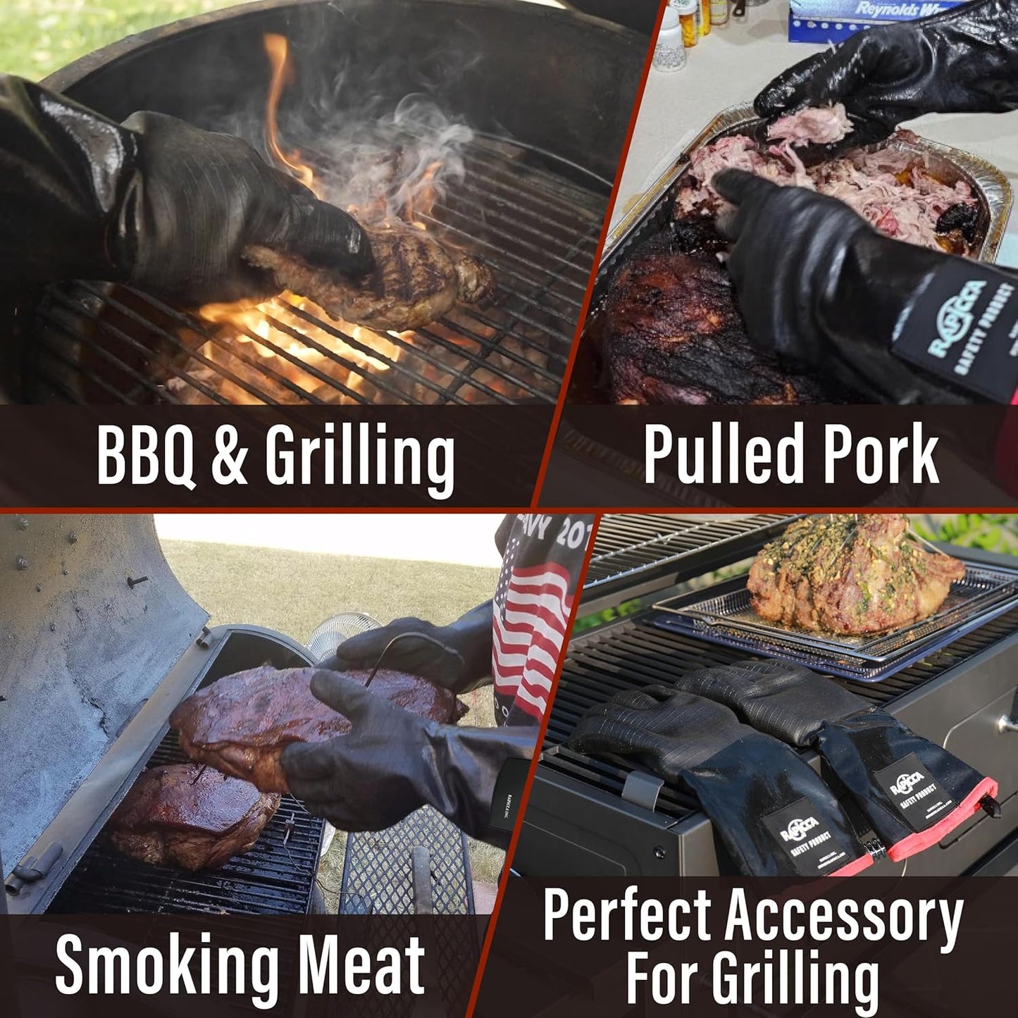 RAPICCA 700°F Heat Resistant BBQ Grill Gloves: Oil Resistant Waterproof for Smoking Grilling Cooking Barbecue Deep Frying Turkey Rotisserie Handling Hot Greacy Meat Stocking Stuffers - Long Sleeve