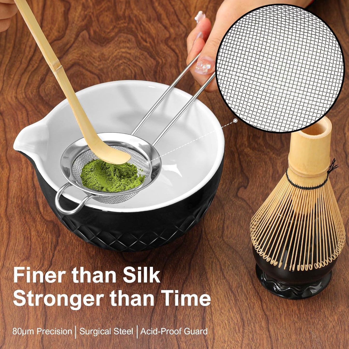 Matcha Whisk Set, 7 Pcs Matcha Kit, Ceramic Matcha Set Includes Matcha Bowl with Spout, Matcha Whisk and Holder, Bamboo Scoop, Scoop Rest, Sifter and Tea Towel (Onyx Black)