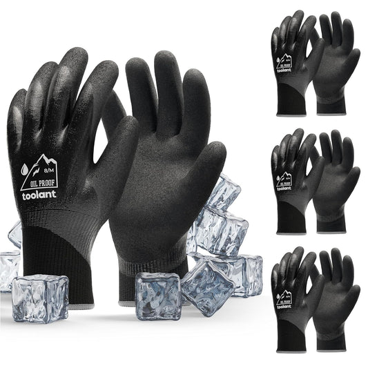 Waterproof Gloves Bulk Pack for Men and Women, 3 Pairs, Freezer Gloves with Grip, Double Nitrile Dipped for Extreme Oil Repellent, for Construction, Mechanics, Mining, Plumbing, Black, Medium