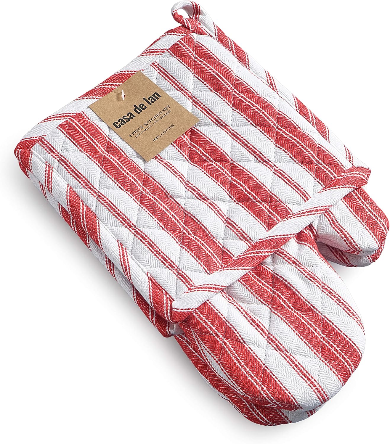 Oven Mitt & Potholder Set - Durable Heat Resistant Gloves - Thick Mittens for Kitchen - Suitable for Cooking, Baking, Grilling – BBQ - 1 Oven Mitts & 1 Potholders – Bright Red Stripes - Casa De Lan