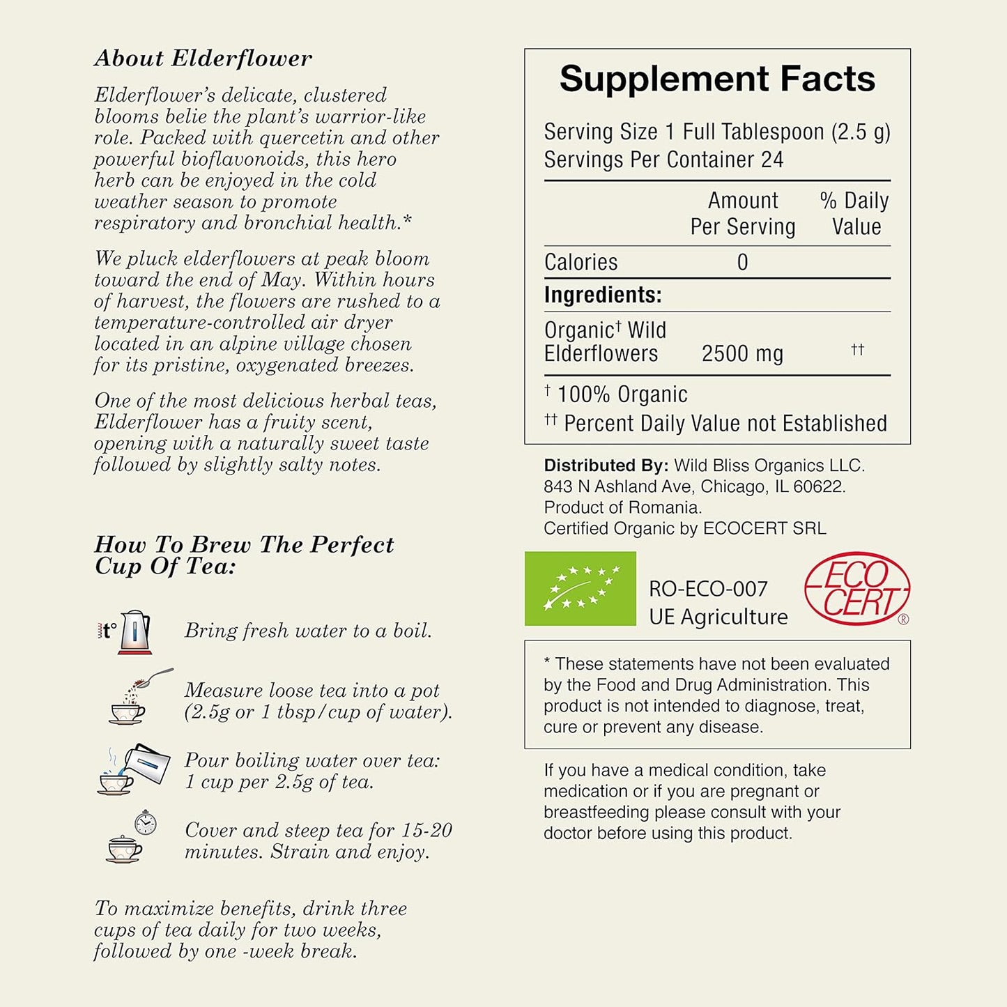 Wild Bliss Organic Elderflower Herbal Tea - Caffeine Free Elder Flowers Tisane - Pharmacopoeia Potency - 20 Plant Based Tea Bags