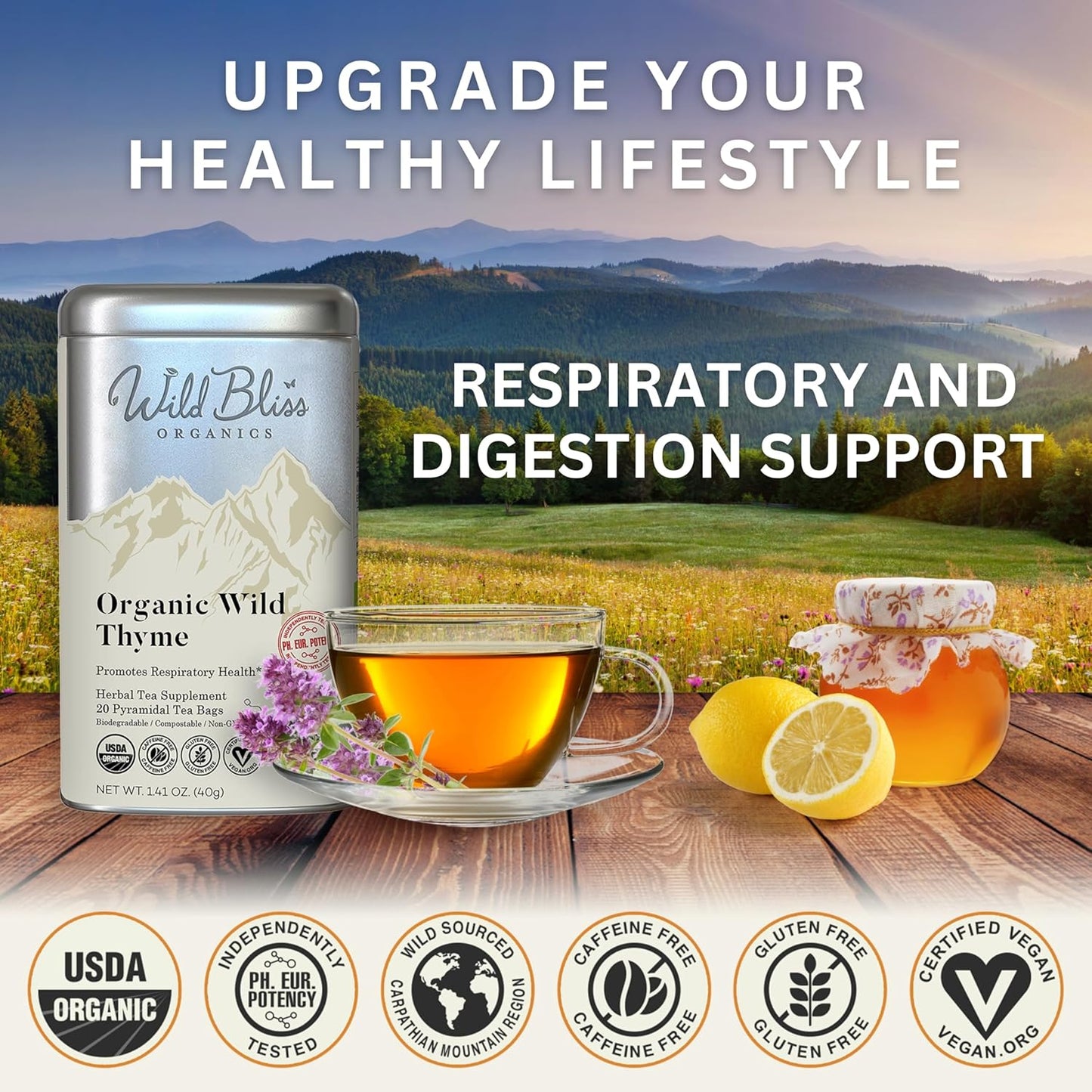 Wild Bliss Organic Wild Thyme Tea - Caffeine Free Respiratory Herbal Support - Pharmacopoeia Potency - 20 Plant Based Tea Bags