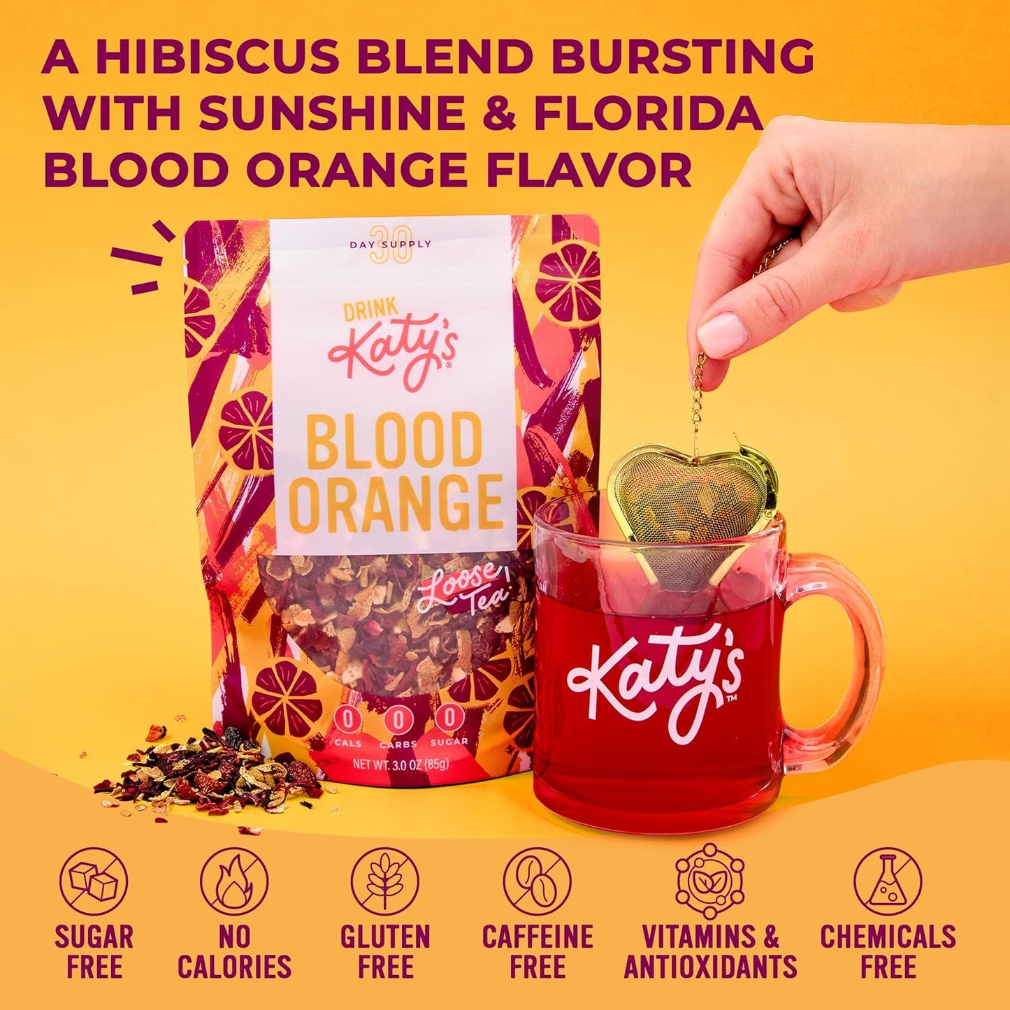 Katy's Blood Orange Loose Leaf Tea | Fruity & Citrusy Herbal Tea | Orange Peel & Hibiscus | Caffeine-Free & Hydrating Fruit Tea | 30+ Cups | Hot or Iced | Antioxidant-Rich | Woman-Owned | 3oz Pouch